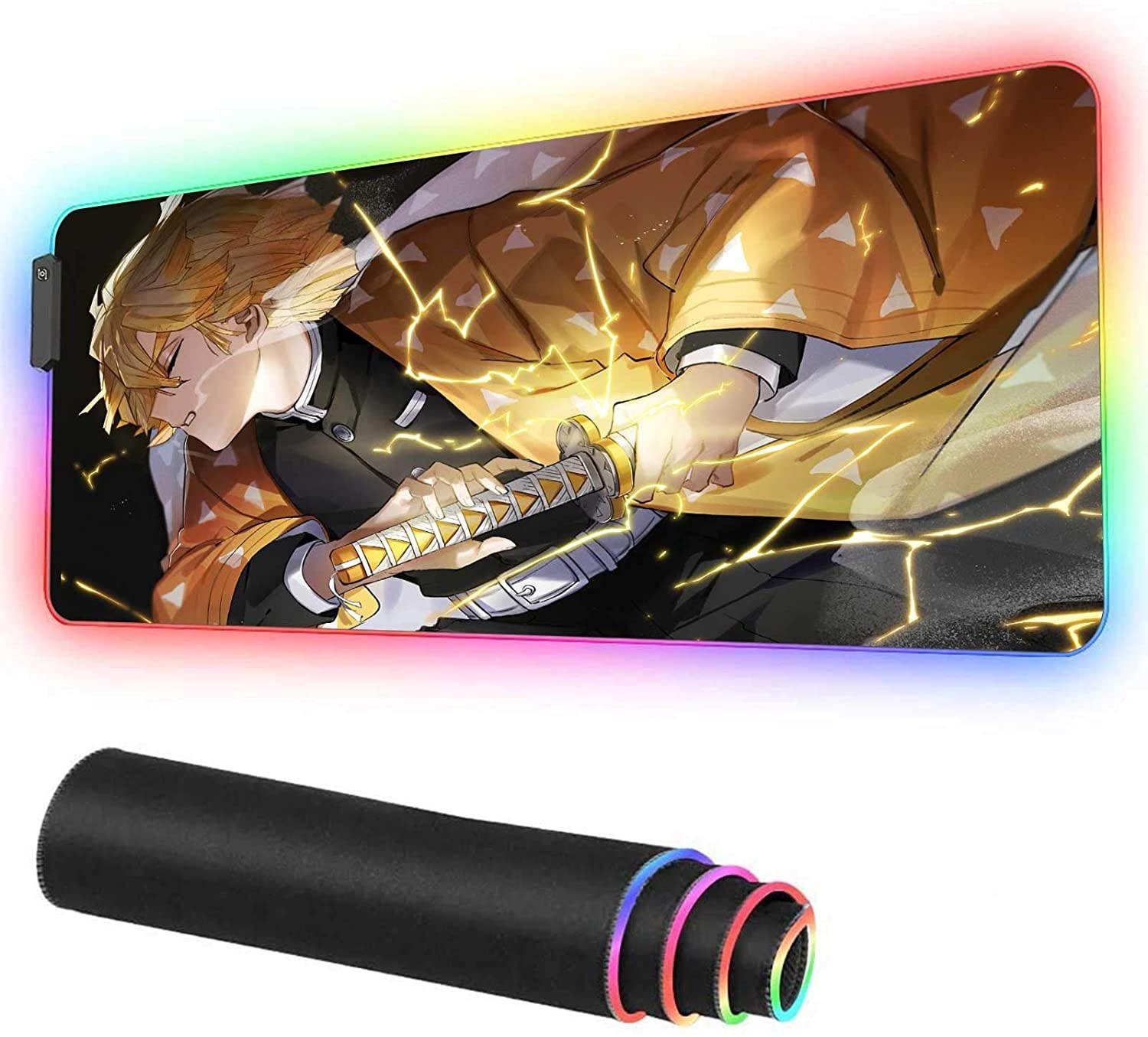 RGB Large Gaming Mouse Mat Anime Demon Slayer Zenitsu Agatsuma Kimetsu No Yaiba,Laptop Desk Pad,Mousepad with Stitched Edge & Non-Slip Rubber Base,Computer Keyboard and Mice Pads Mouse Mat 31.5X11.8