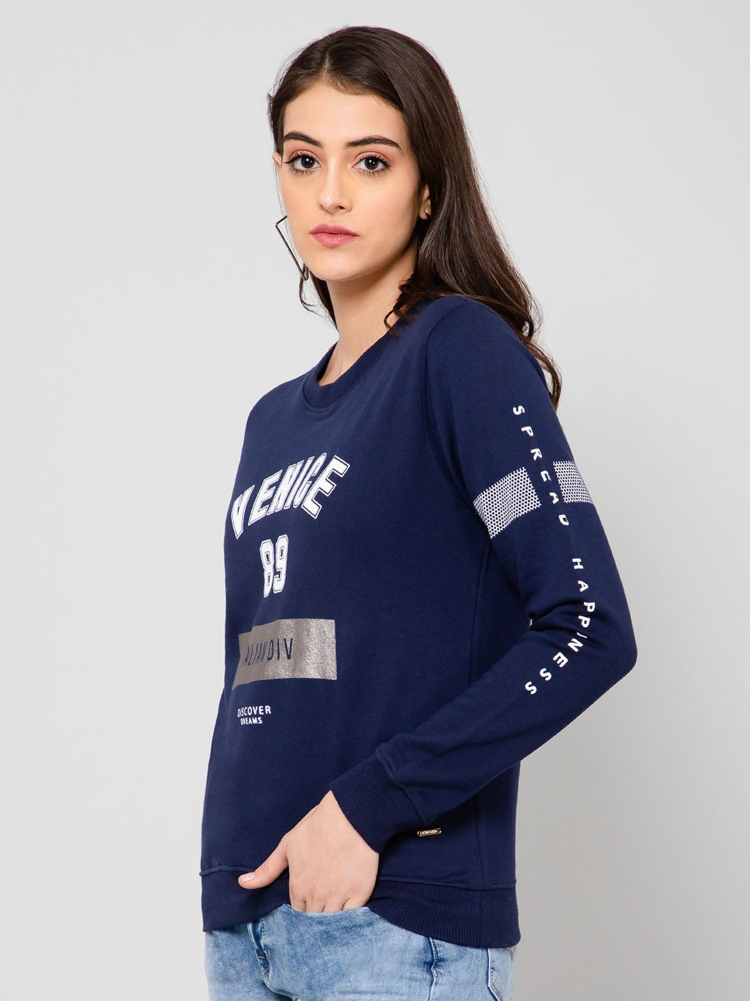 Crozo By Cantabil Navy Fleece Graphic Print Sweatshirt