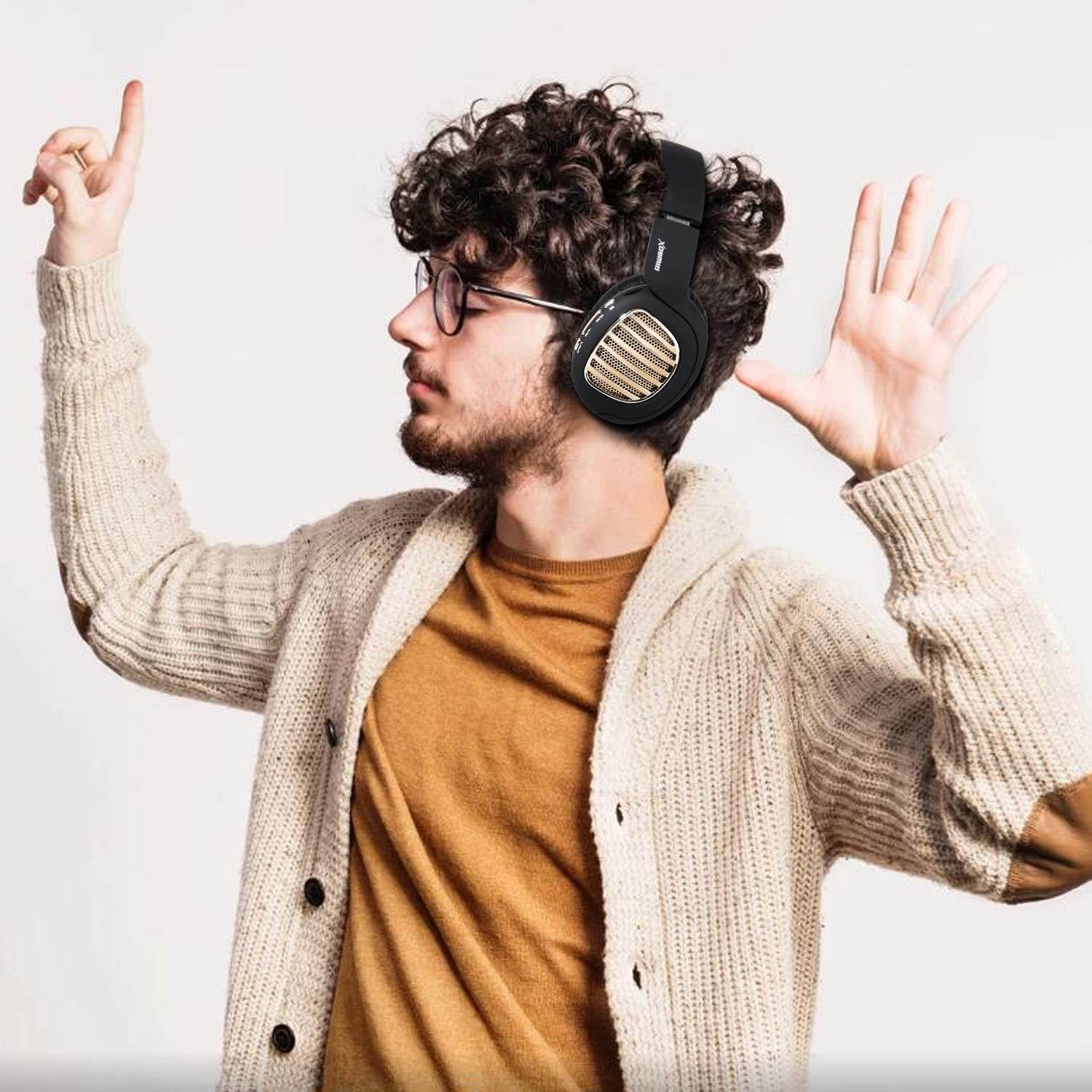 Bluetooth Headphones, Riwbox WB5 Bluetooth 4.2 Wireless Foldable Headphones Over Ear with Microphone, 5 EQ Sound Modes, Soft Memory-Protein Earmuffs, Wireless and Wired Headset for PC (Black Gold)