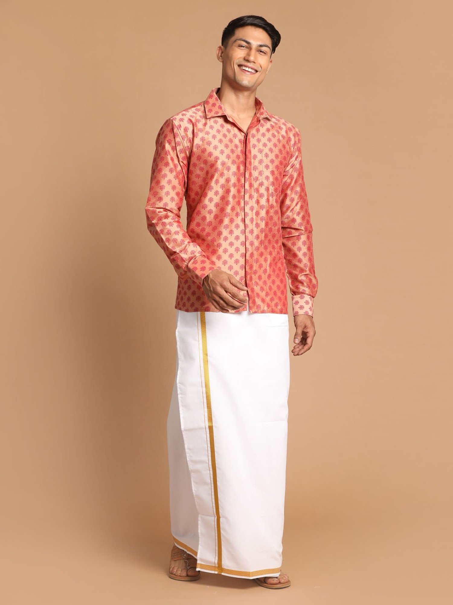 VASTRAMAY Pink & White Regular Fit Printed Shirt & Mundu Set