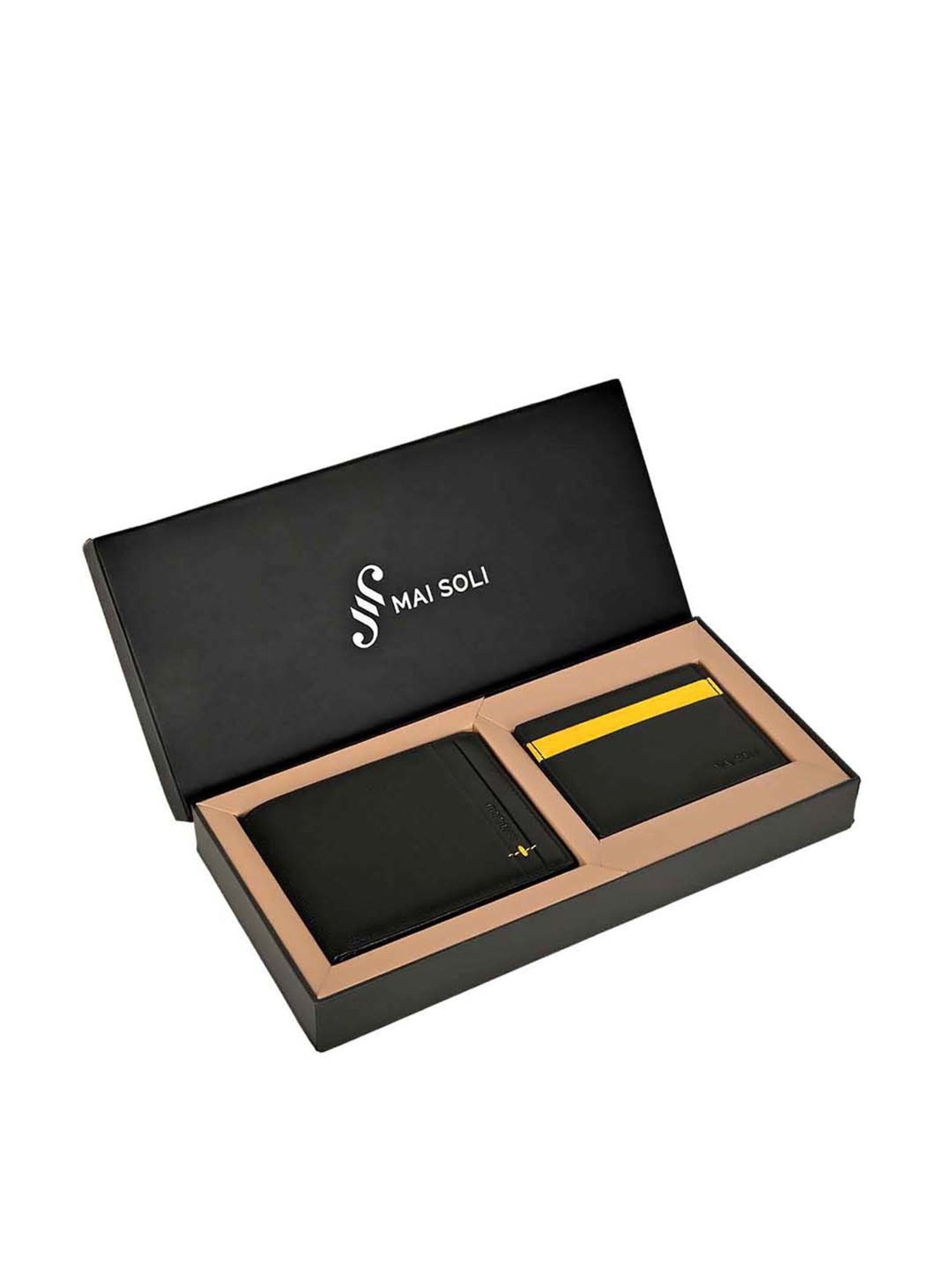 Mai Soli Black & Yellow Leather Bi-Fold Wallet & Card Holder Gift Set
