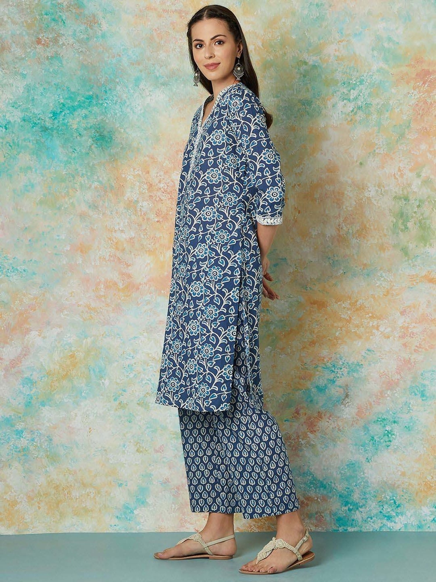 Melange by Lifestyle Blue Cotton Printed Kurta & Pant Set