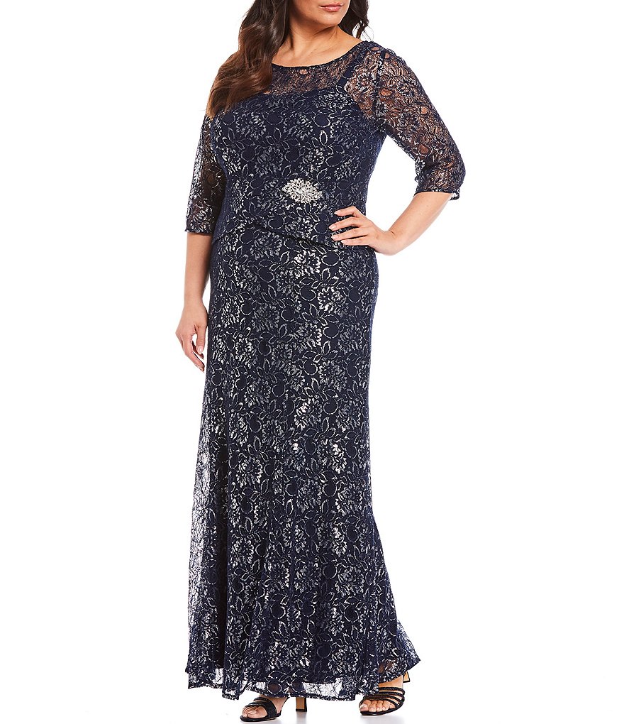 Le Bos Plus Size Round Neck 3/4 Sleeve Metallic Lace Peplum Long Gown
