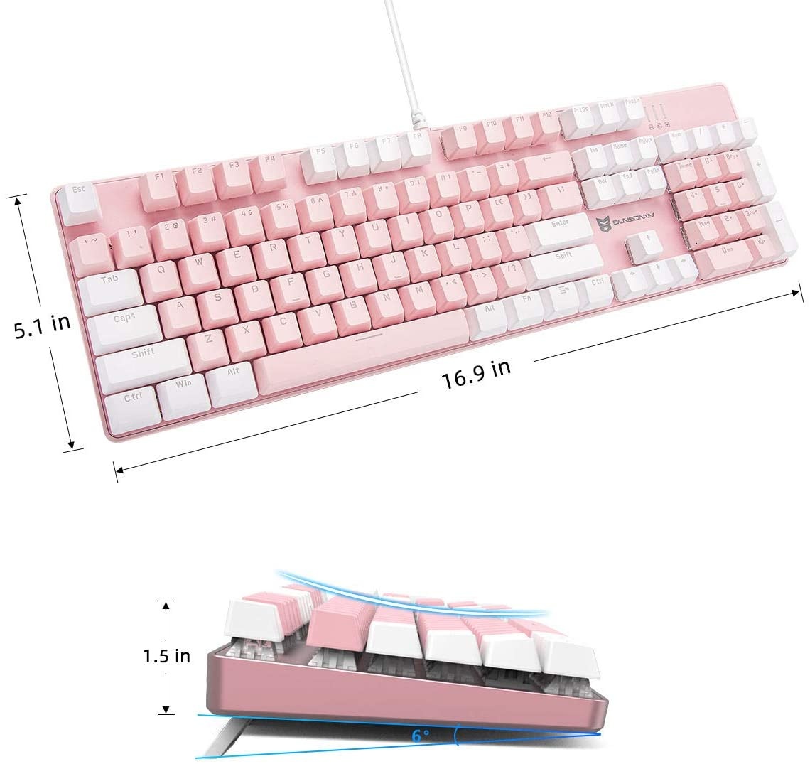 Qisan Mechanical Gaming Keyboard Full Size 104 Keys US Layout Wired Blue Switch Backlit Keyboard with Pink & White Color