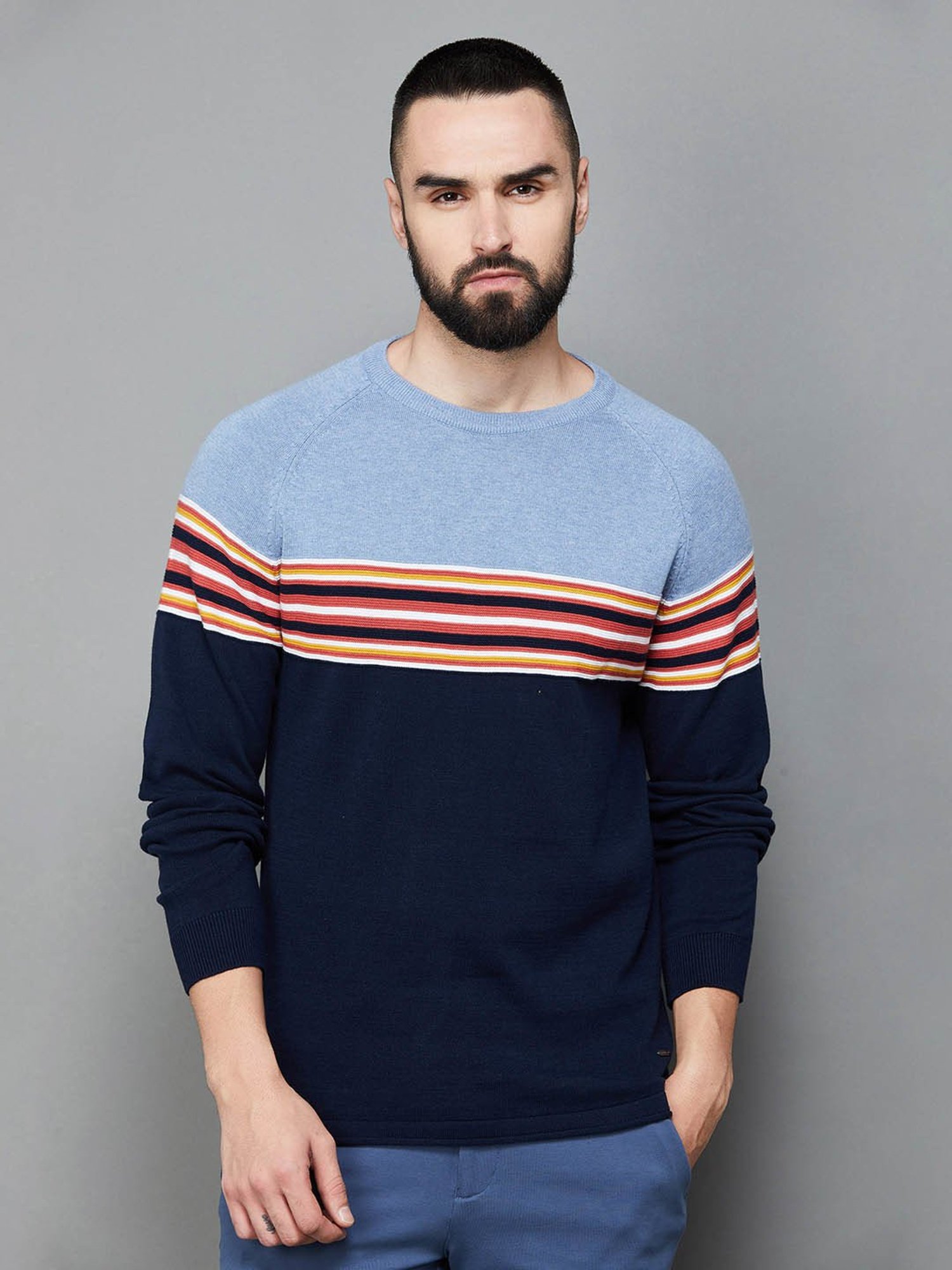 Code by Lifestyle Navy Cotton Regular Fit Colour Block Sweater