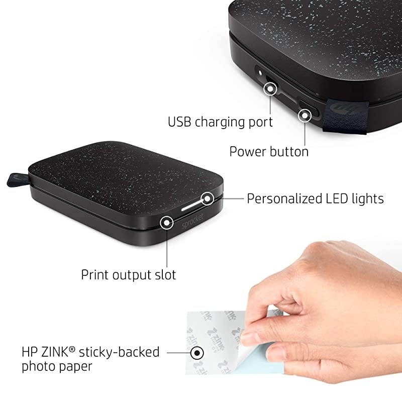 Sprocket Portable 2x3 Instant Photo Printer Black Noir Print Pictures on Zink StickyBacked Paper from your iOS Android Device