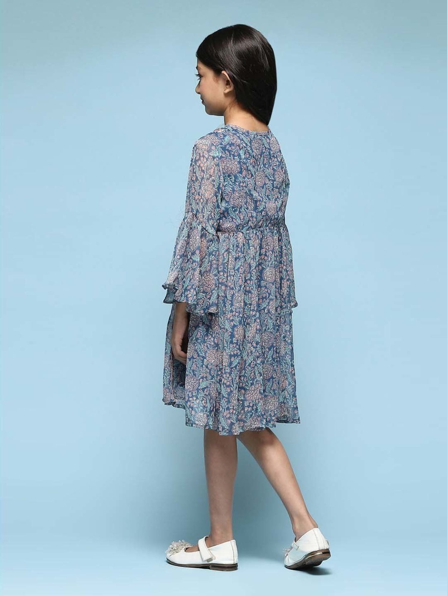 BIBA Girls Kids Blue Printed Full Sleeves Dress