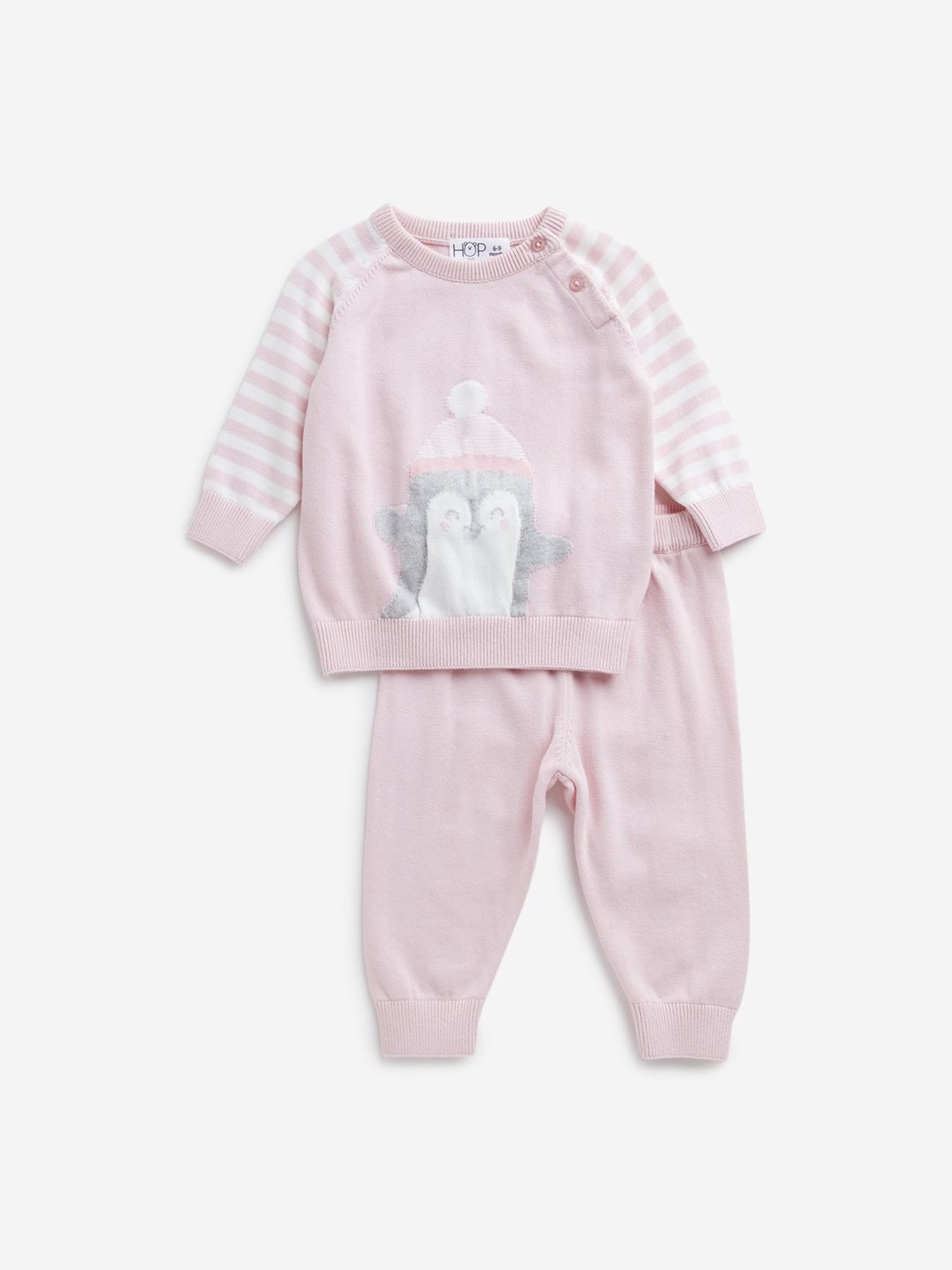 HOP Baby by Westside Light Pink Animal Print Cotton Sweater & Pants Set