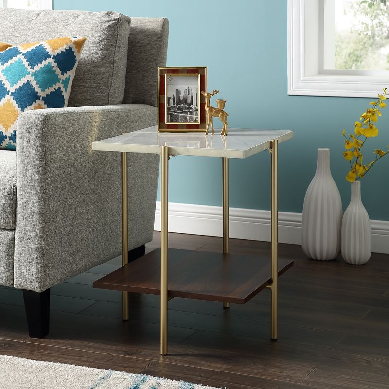 20" Dual Shelf Glam Square Side Cocktail Table Faux Marble/Gold - Saracina Home