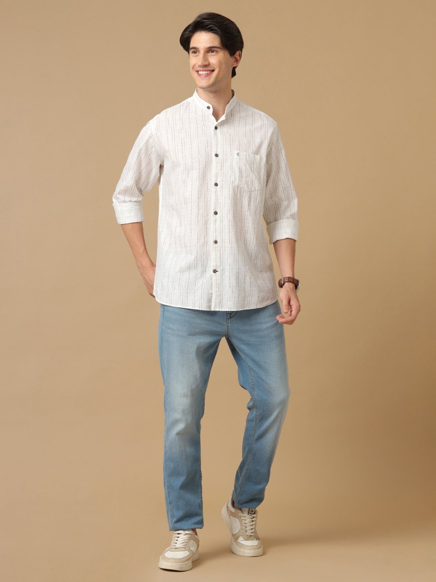 CAVALLO by Linen Club Light Grey Contemporary Fit Printed Shirt