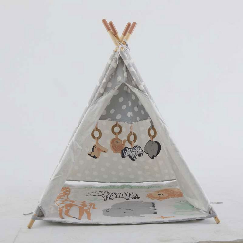 Wonder&Wise Indoor Baby Toddler Childrens Foldable Canvas Activity Toy Teepee Play Tent House with Safari Animal Floor Mat for Ages 6 Months and Up