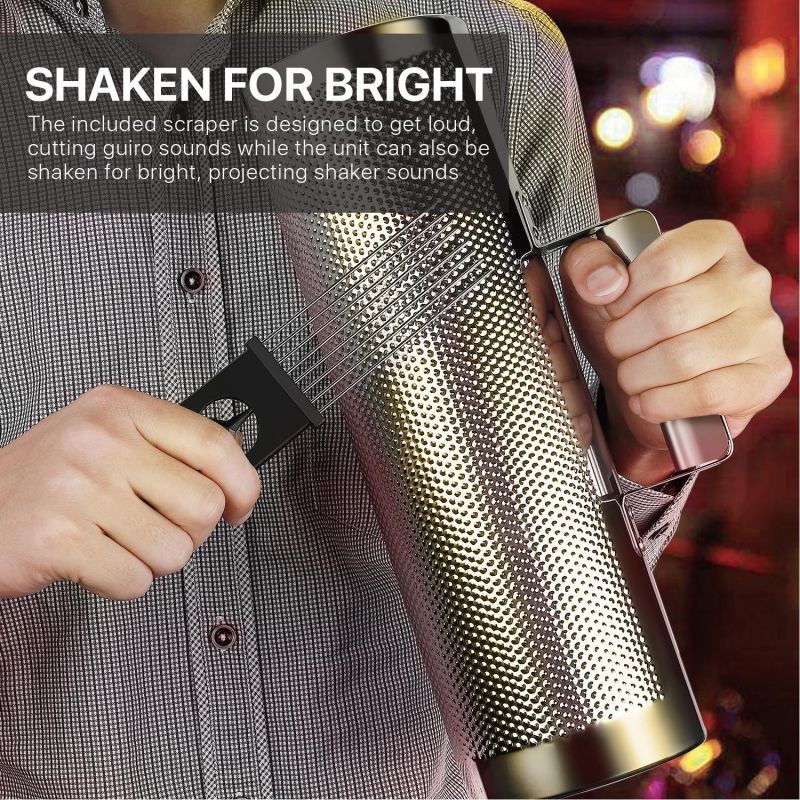 Metal Guiro with Scraper Shack 4" x 12" - Round Cylinder Stainless Steel Latin Hand Percussion Instrument with Handle Guiro Musical Training Tool for Jazz Bands, Concerts, Live Performance