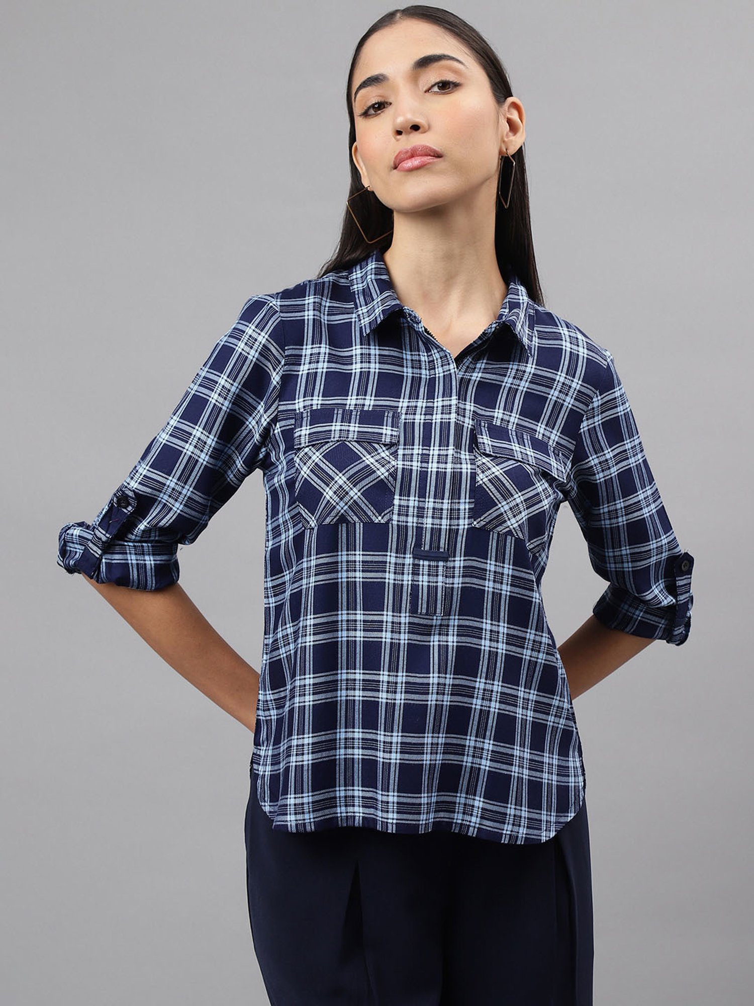 Latin Quarters Navy Check Top