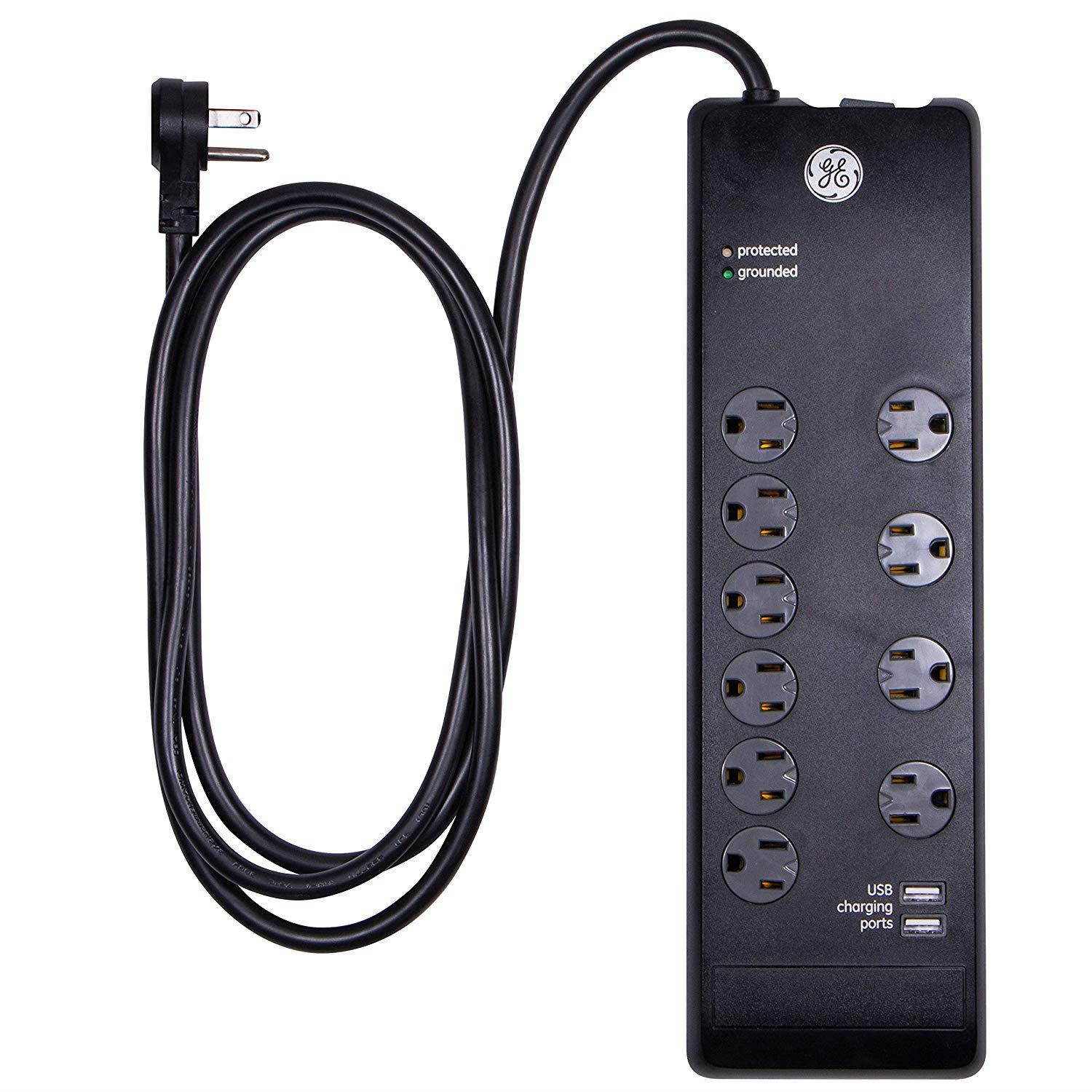 GE UltraPro Surge Protector, 10 Outlet Power Strip, 2 USB Charging Ports, Extra Long 6Ft Extension Cord, 3 Prong, Grounded, Flat Plug, 3000 Joules, UL Listed, Black, 14096