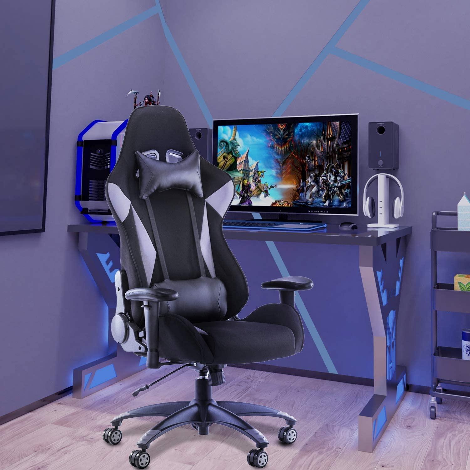 SMUGDESK Gaming Chair Racing Computer Desk Office Chair High Back Game Chair Seat Height Armrest Adjustable Swivel Ergonomic Task Chair with Headrest and Lumbar Support,Grey