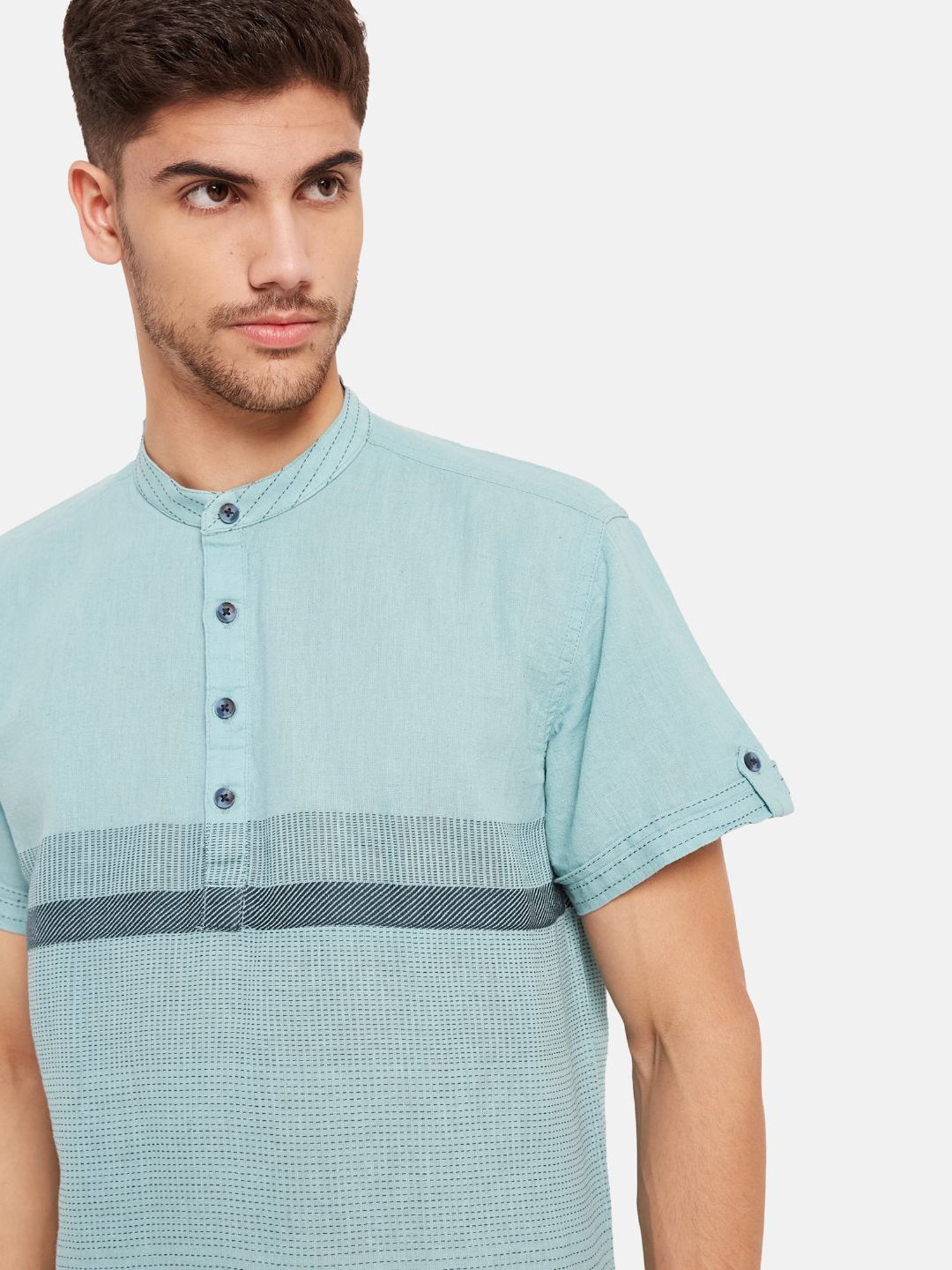 METTLE Light Teal Cotton Regular Fit Striped Shirt