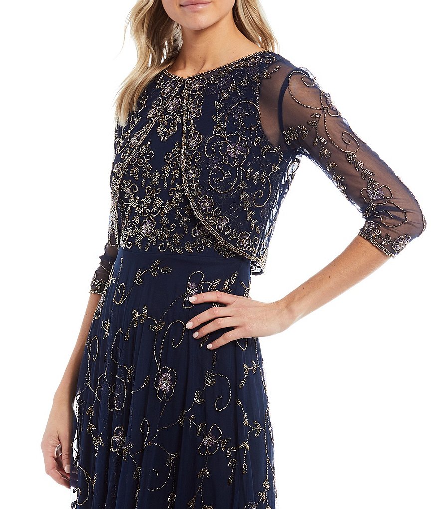 Jkara Chiffon Popover Beaded V-Neck 3/4 Capelet Sleeve Gown