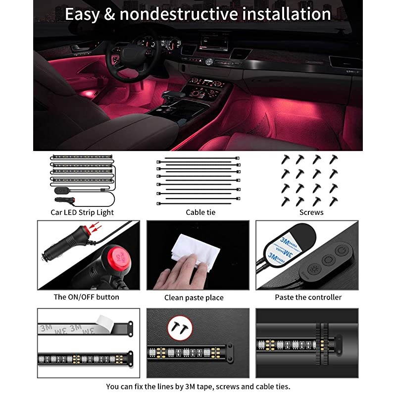 Interior Car Lights, LED Car Strip Lights with Two-Line Waterproof Design, 48 LEDs App Control Car Light Kit, DIY Mode and Music Sync Under Dash Car Lighting with Car Charger, DC 12V