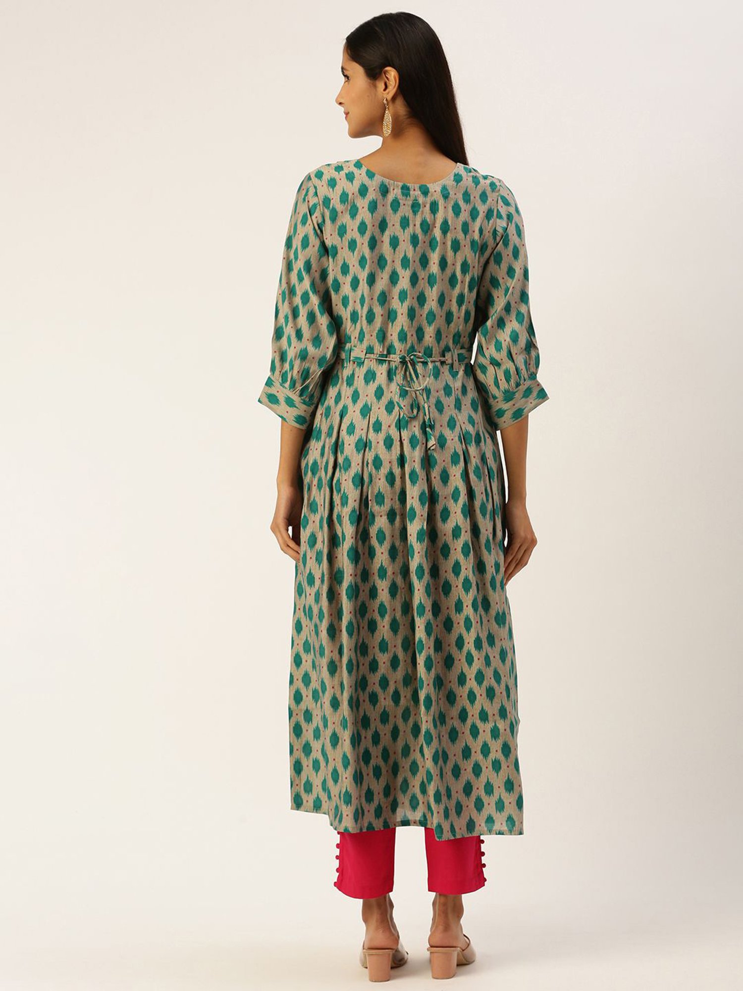 SHANVIKA Beige & Green Printed Cotton Silk A Line Kurta