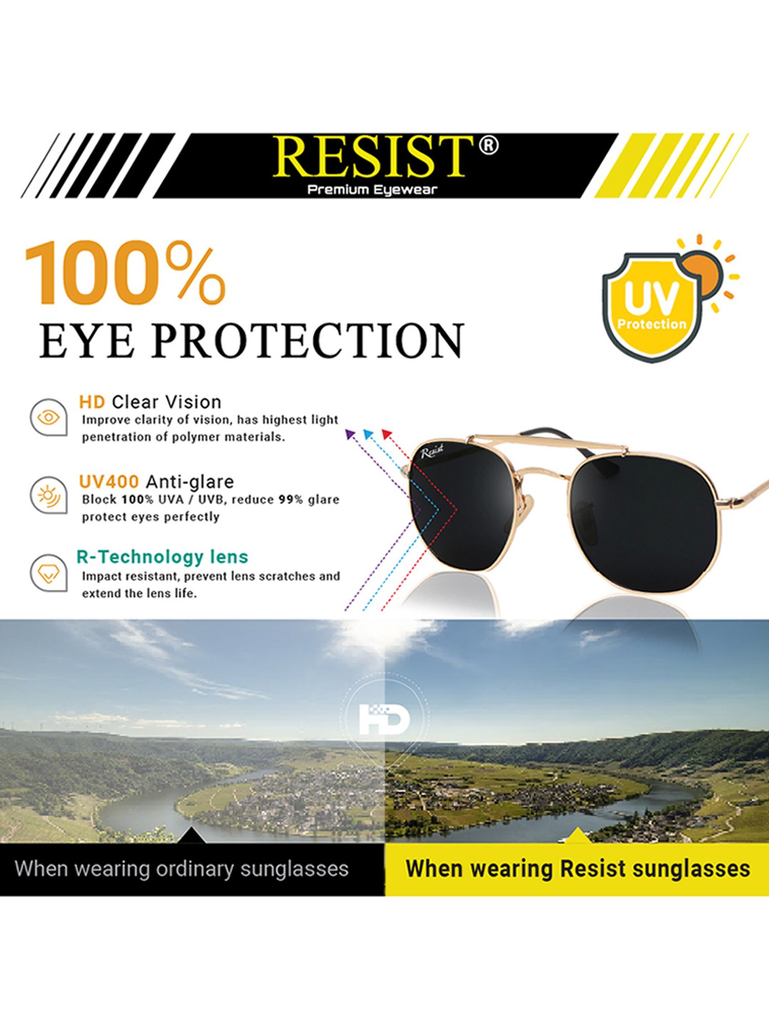 Resist Eyewear Black UV Protection Unisex Sunglasses