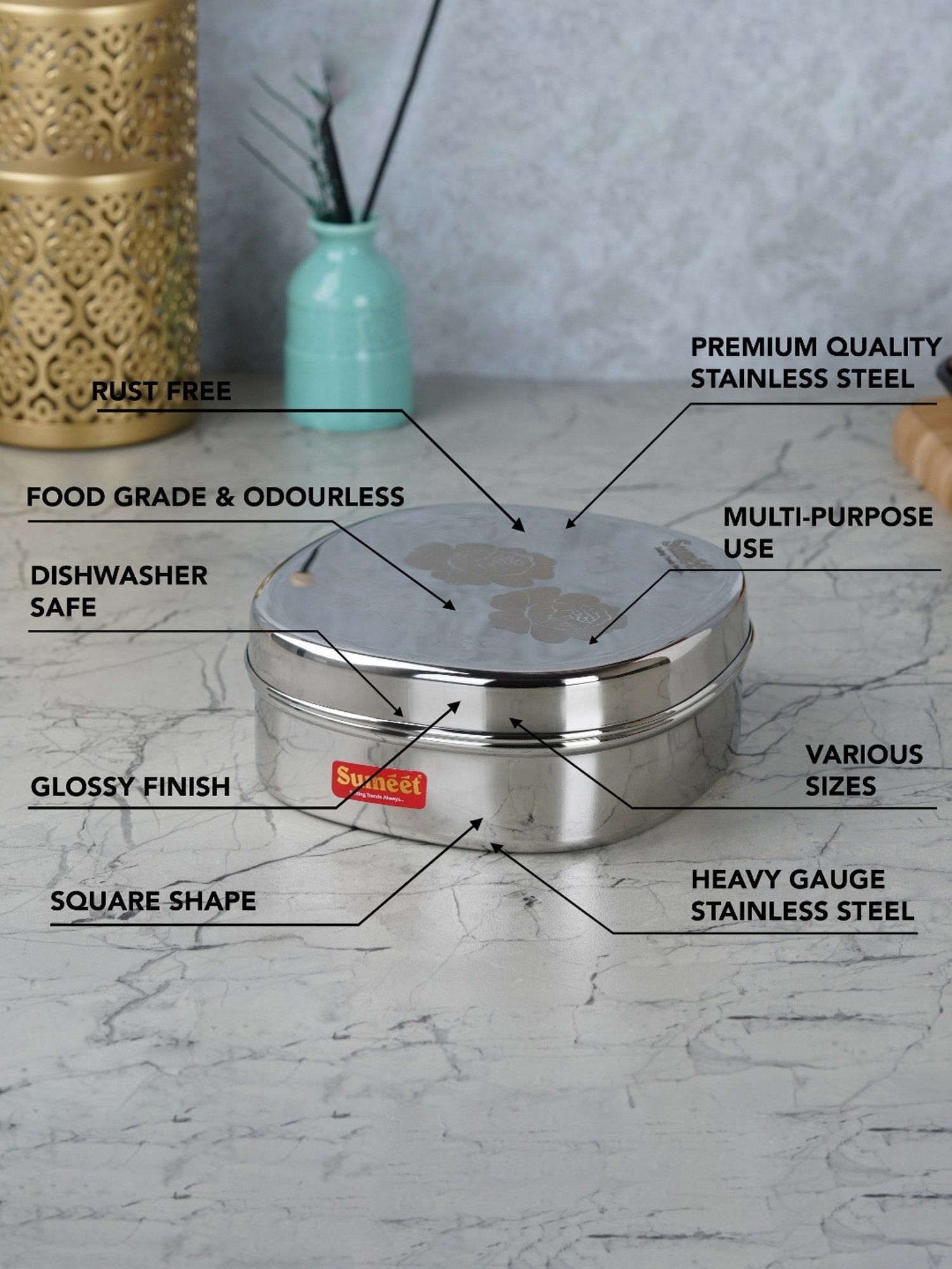 Sumeet S.S. Designer Square Storage containers box/Dabba for Kitchen, Set of 2Pcs, 350ml, 12cm Dia,