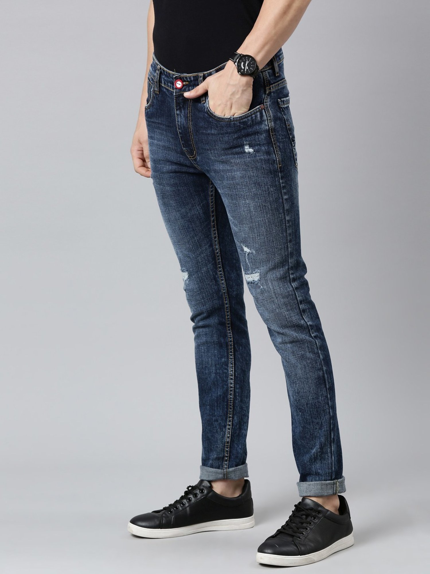 CINOCCI Blue Cotton Slim Fit Distressed Jeans