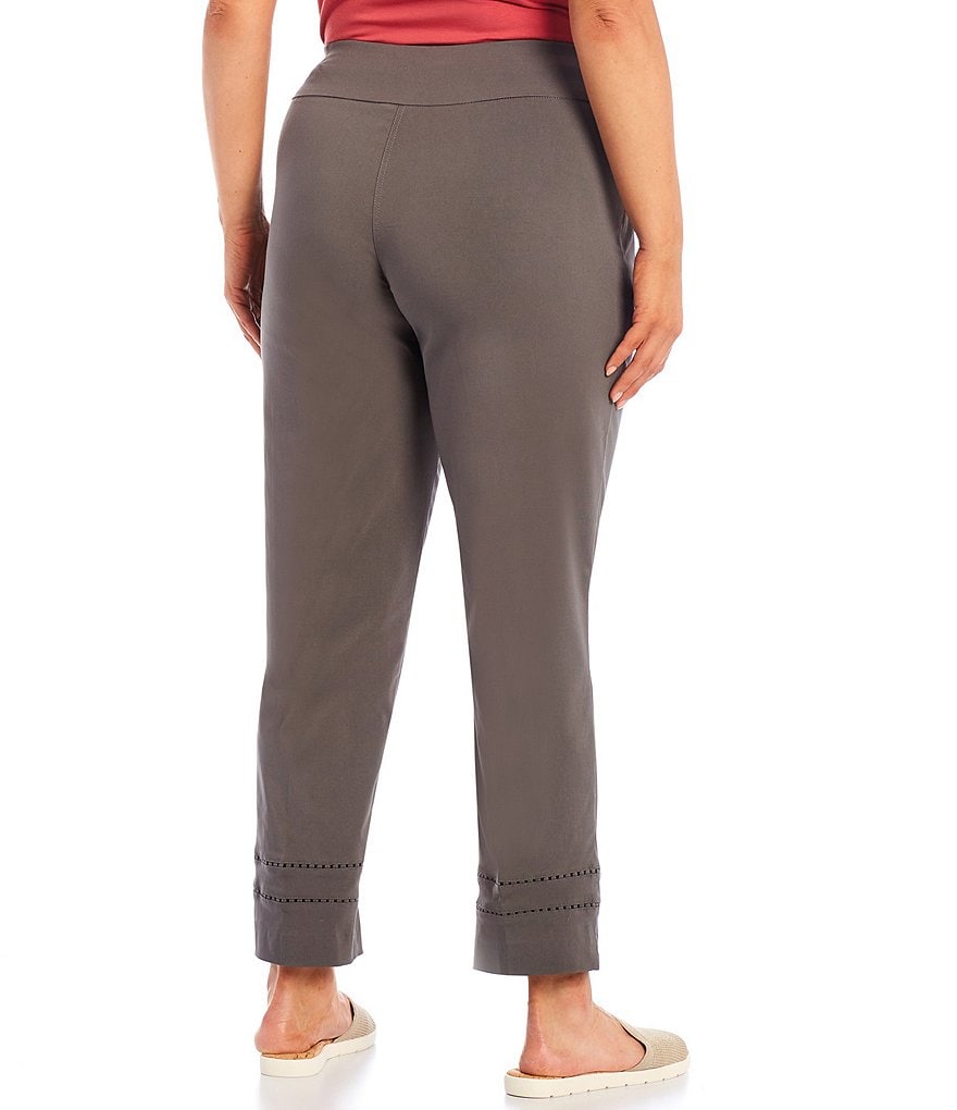 Multiples Plus Size Pull-On Elastic Waist Slim Straight Leg Notch Hem Lace Inset Trim Ankle Pants