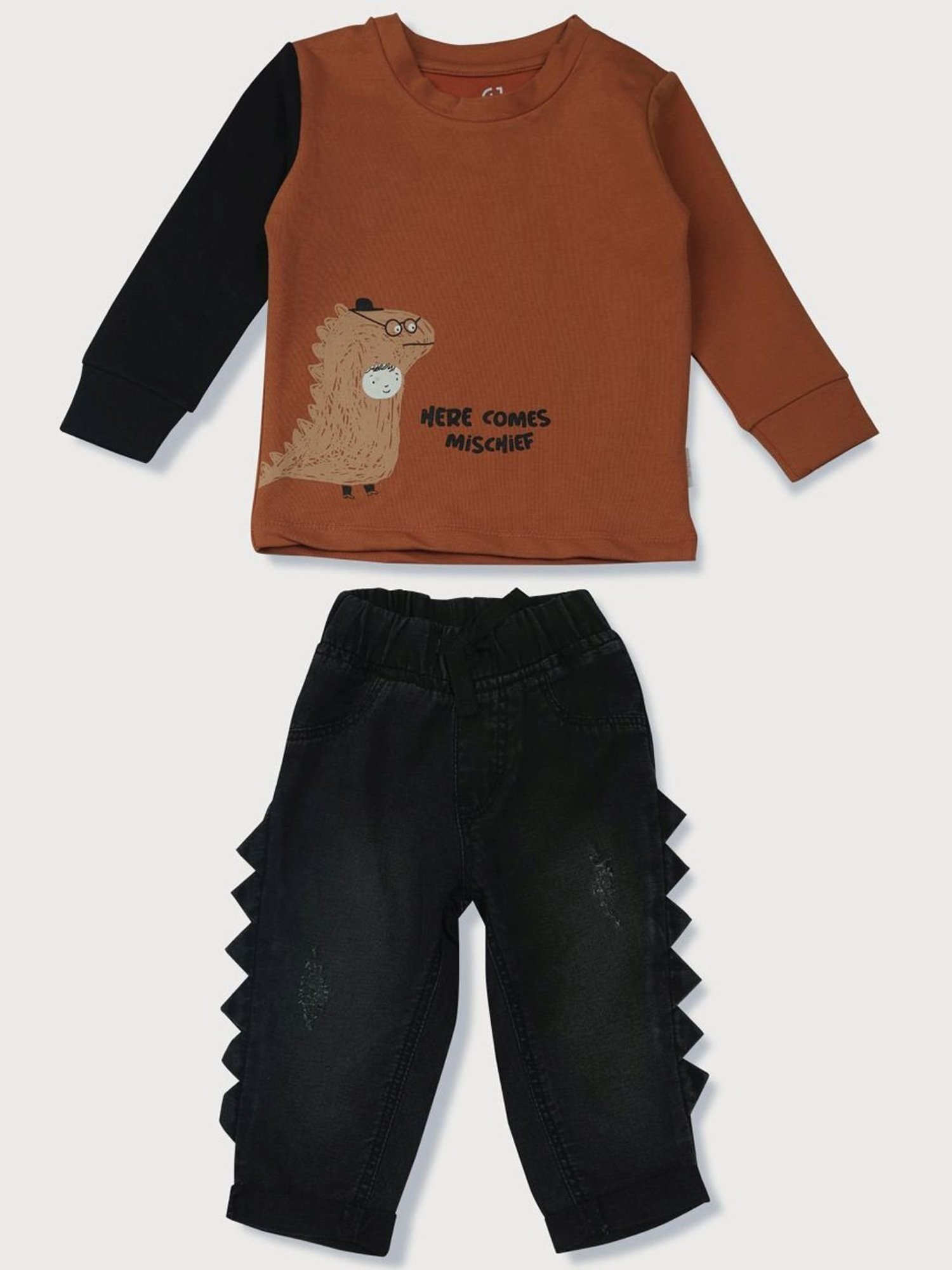 GJ baby Kids Brown & Black Cotton Graphic Full Sleeves T-Shirt Set