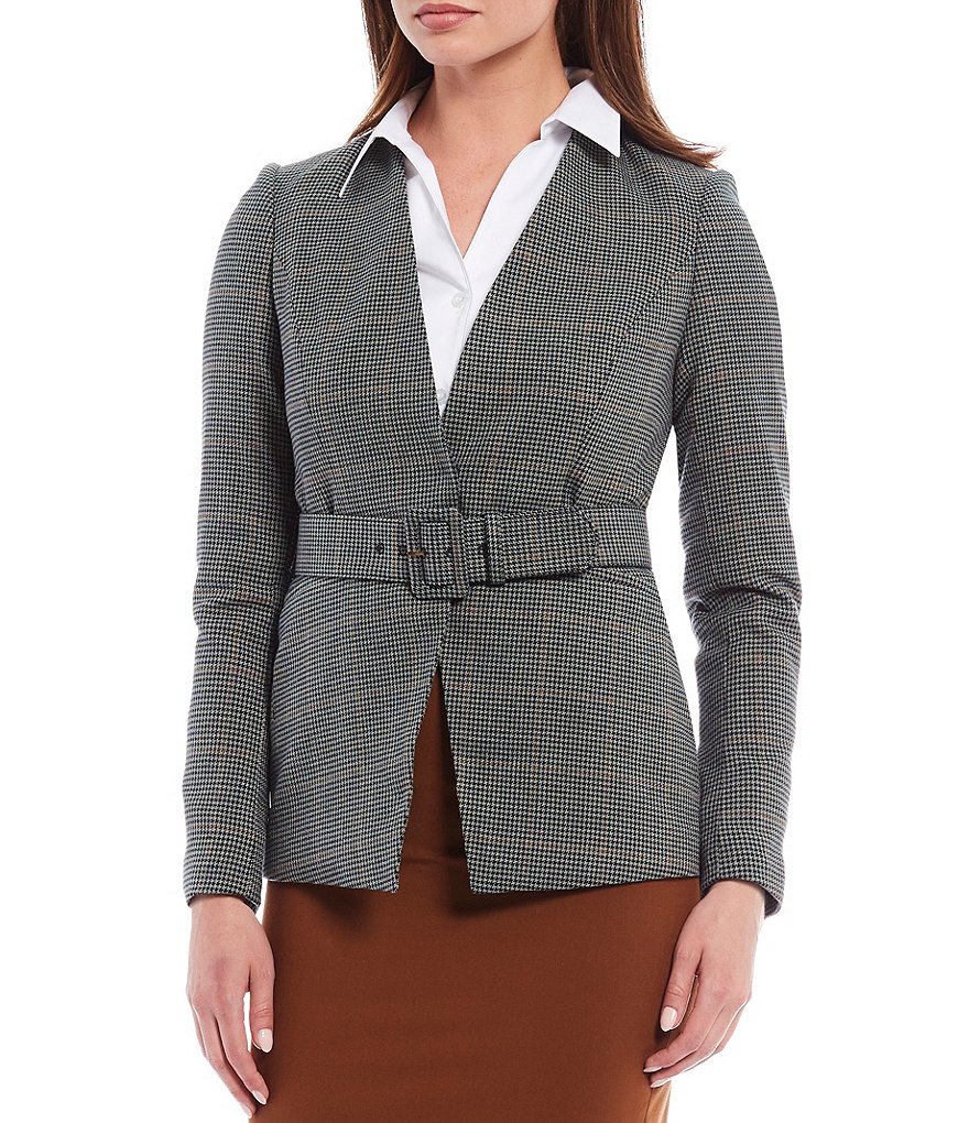 Calvin Klein Petite Size Menswear Inspired Plaid Long Sleeve Belted Jacket