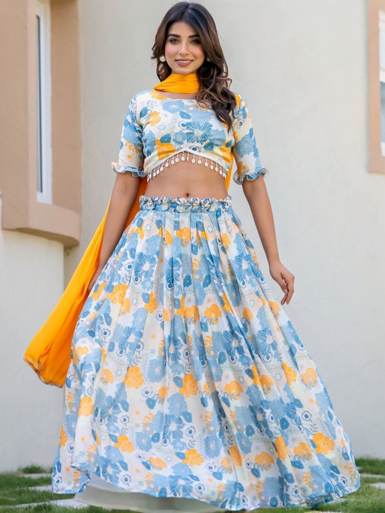 HOUSE OF JAMOTI Blue Printed Lehenga Choli Set With Dupatta