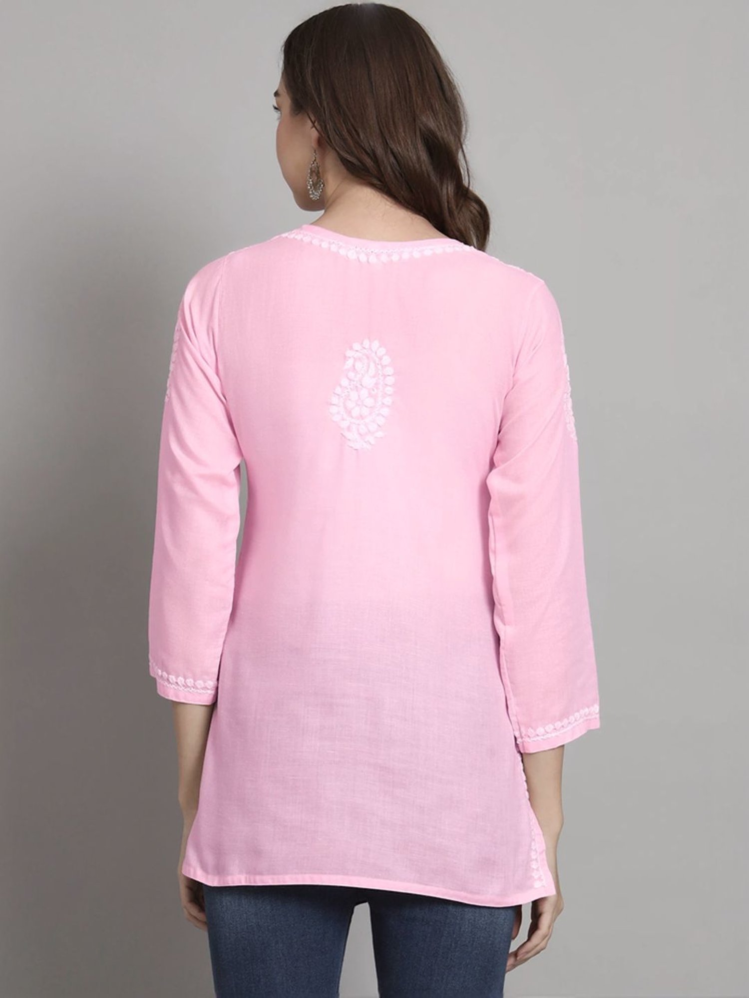 PARAMOUNT CHIKAN Pink Cotton Hand Embroidered Chikankari Straight Kurti