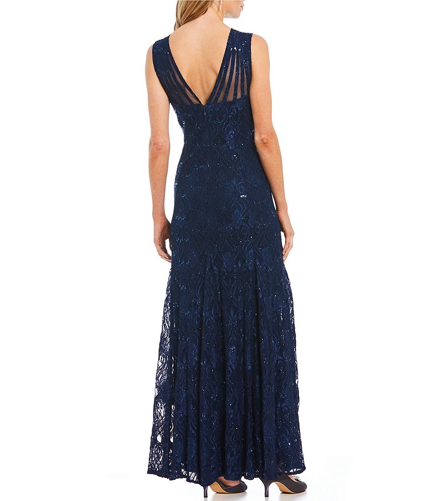 R & M Richards Illusion Shoulder Sleeveless Lace Gown