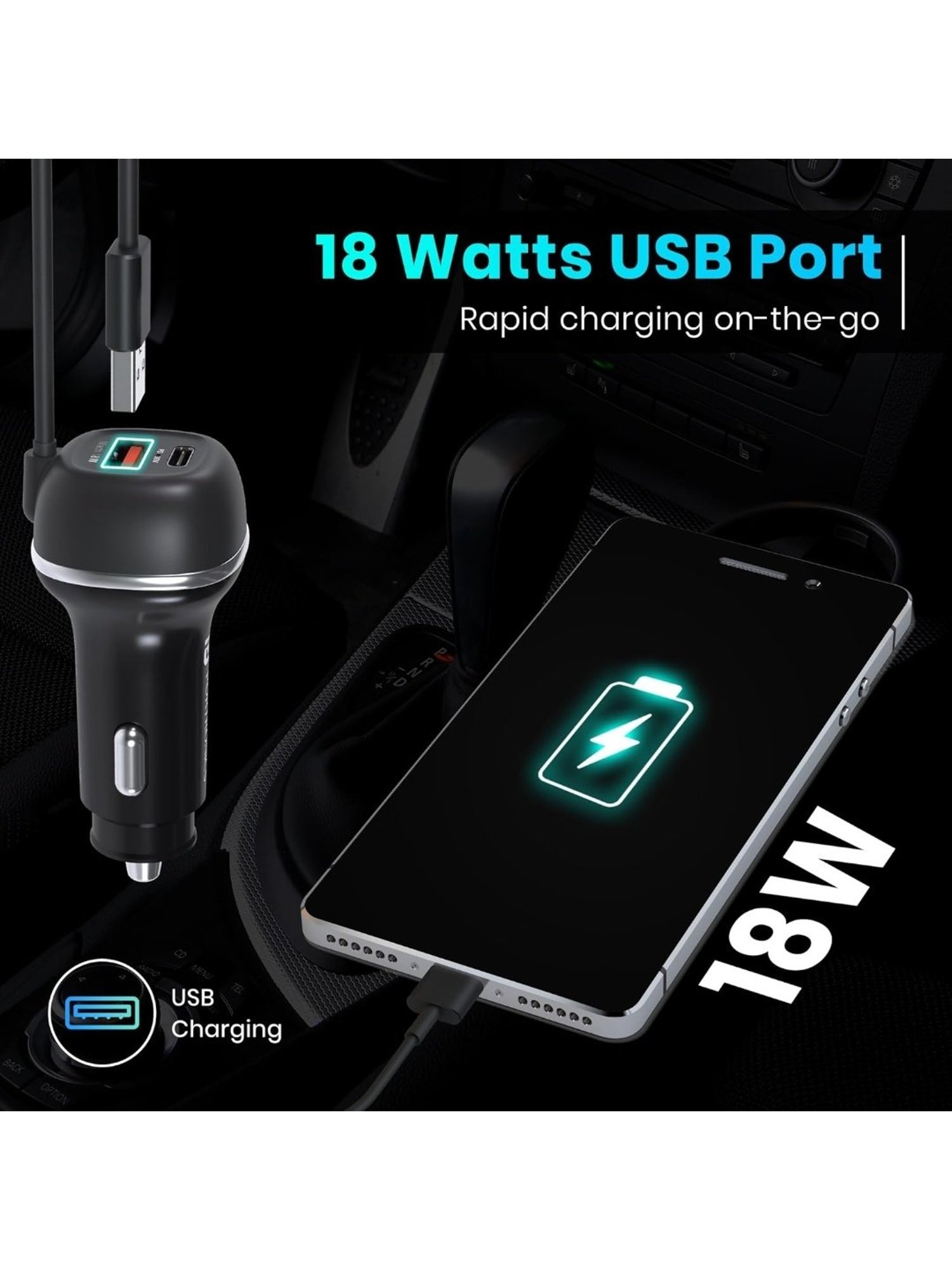 Portronics 71W Car Power 1C Triple Output Fast Car Charger with 33W Type C Cable (Black)