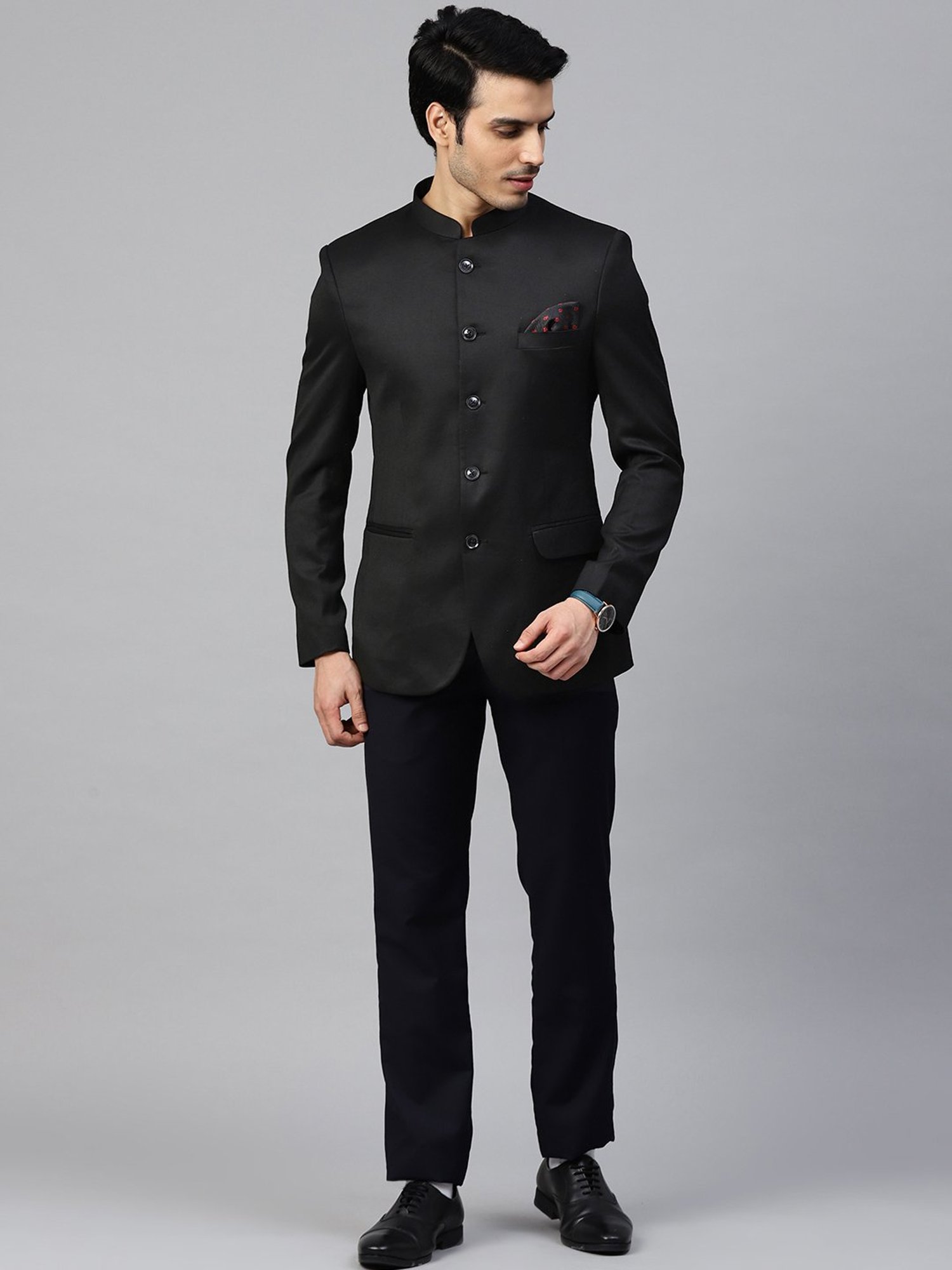 ManQ Black Slim Fit Mandarin Collar Blazer