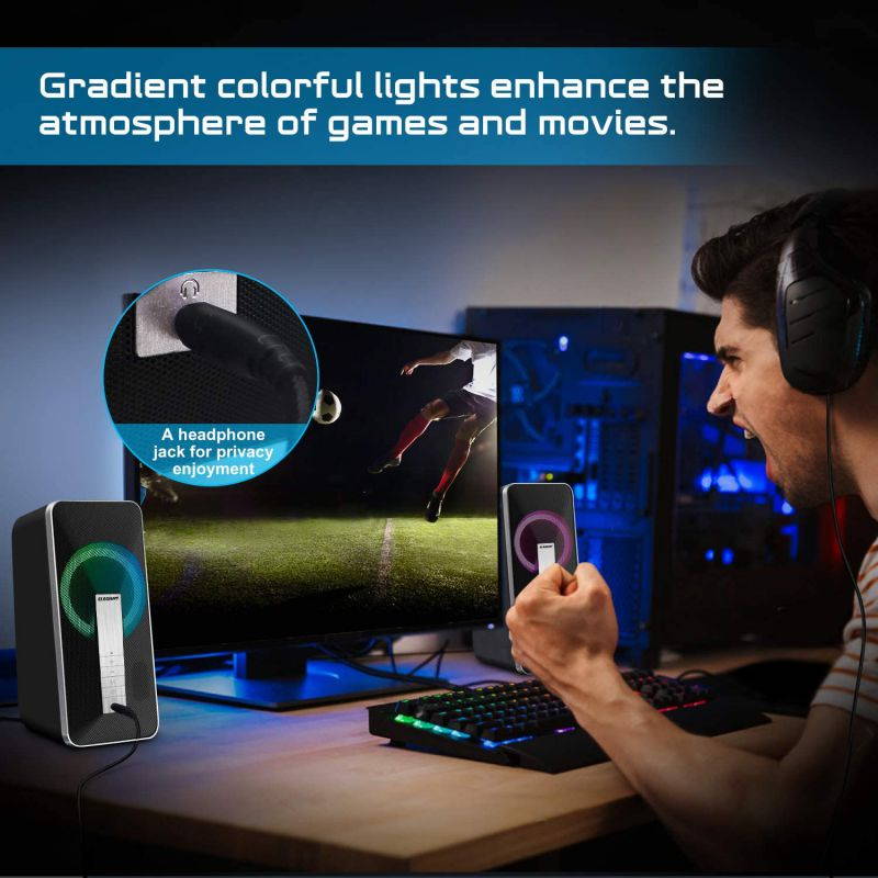Computer Speakers, 10W Wired and Bluetooth 5.0 Speaker with Enhanced Stereo Bass Colorful LED Light, Dual-Channel Multimedia Speakers for PC Desktop Laptop Tablet Smartphones MP4 MP3