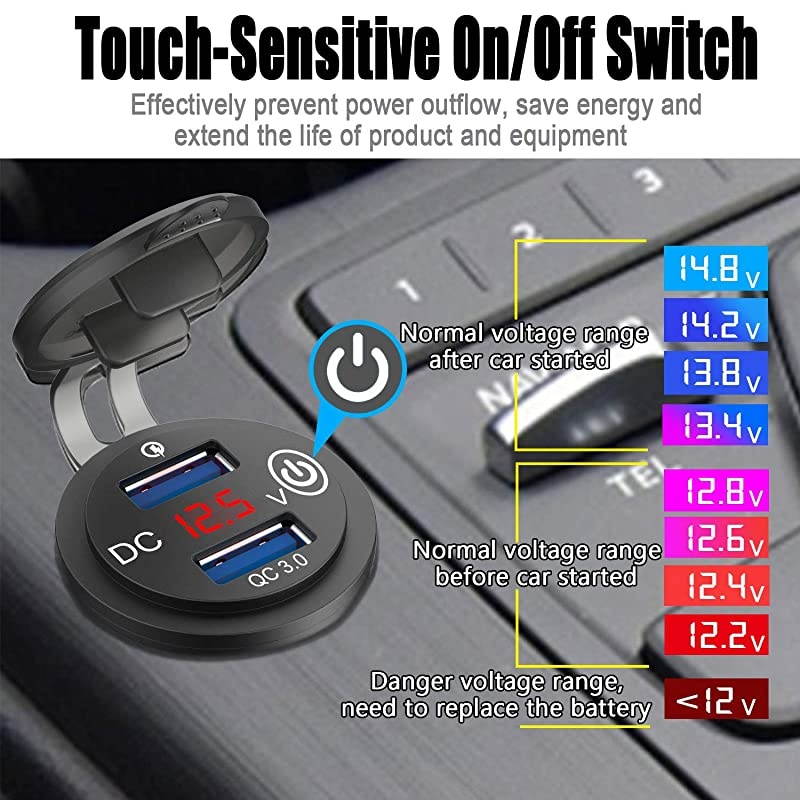 Charge 30 Dual USB Outlet 12V24V USB Car Charger with OnOff Touch Switch and LED Digital Voltmeter Waterproof Car Socket for Car Marine Boat Motorcycle Truck and More