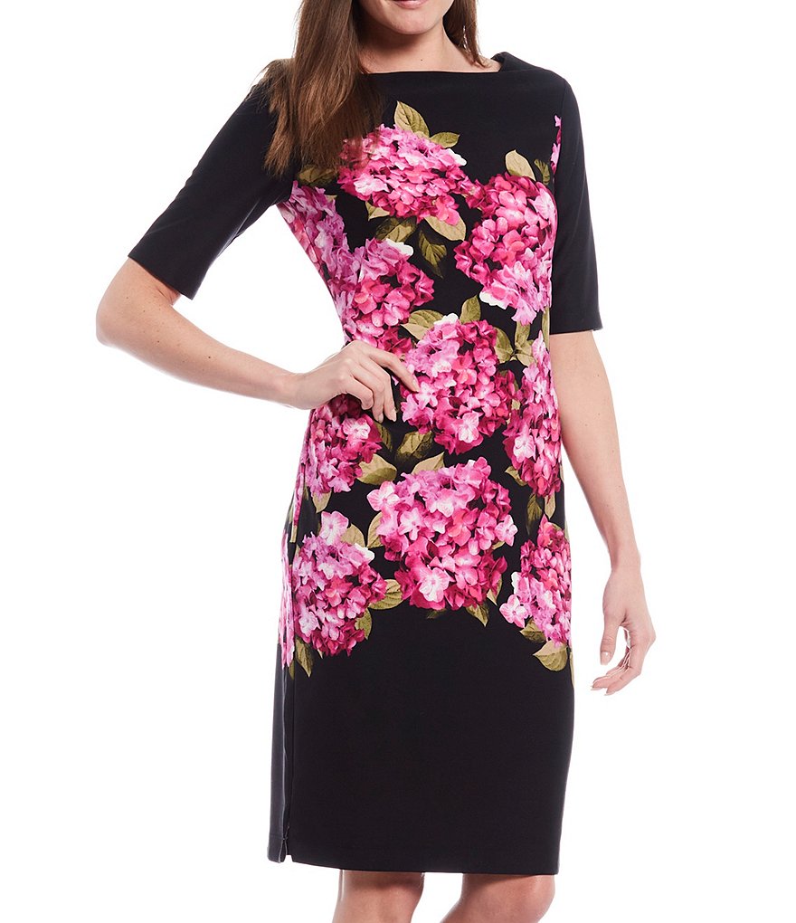 Maison Tara Short Sleeve Square Neck Floral Sheath Dress