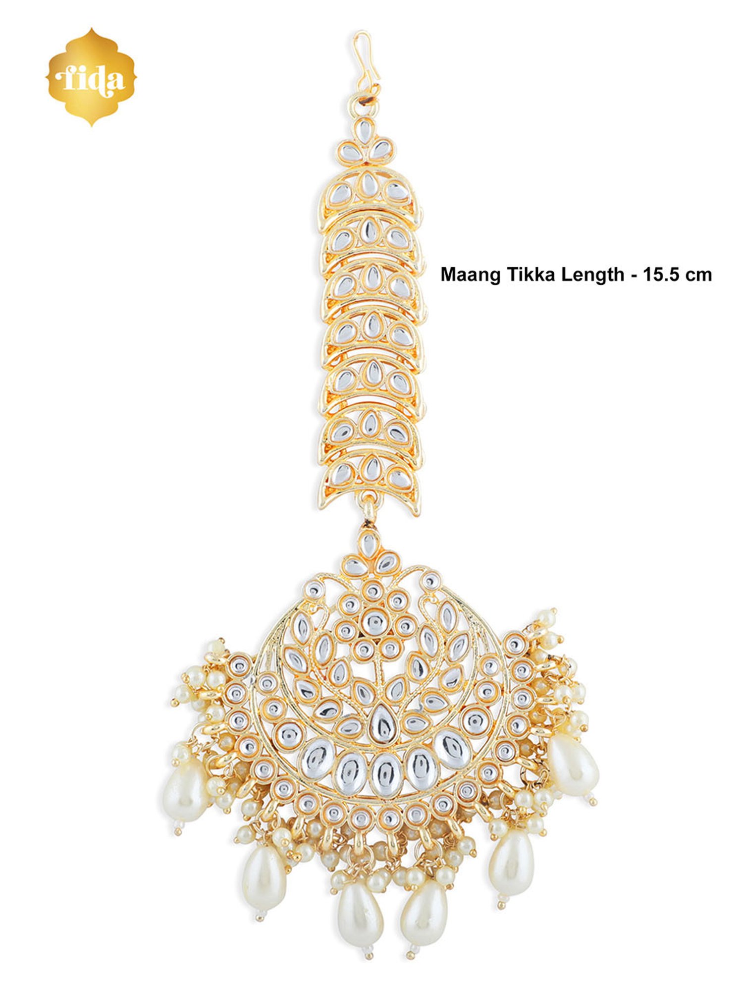 Fida Kundan Pearls Beads Gold-Plated Crescent Maangtikka for Women