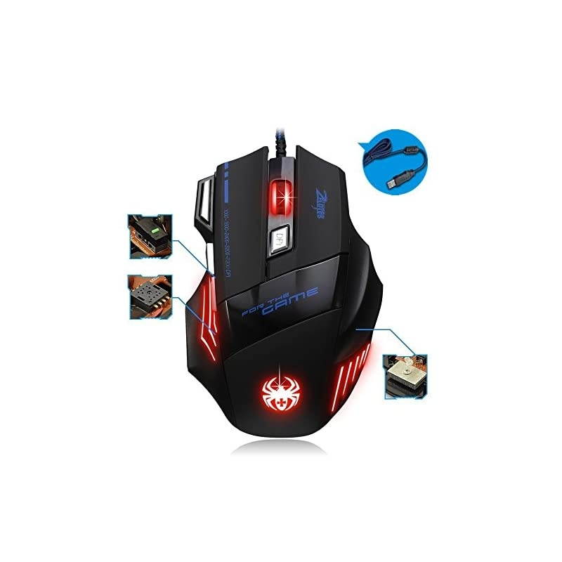 Zelotes Ergonomic 7200 DPI LED Optical Wired Gaming Mouse Mice 7 Buttons Compatible Mac Pro Gamer PC Laptop Desktop NotebookBlack BlackT80