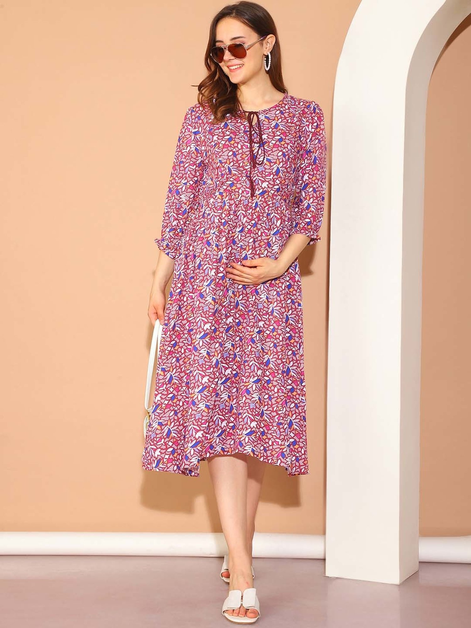 Moms Maternity Maroon Floral Print Maternity Midi Dress