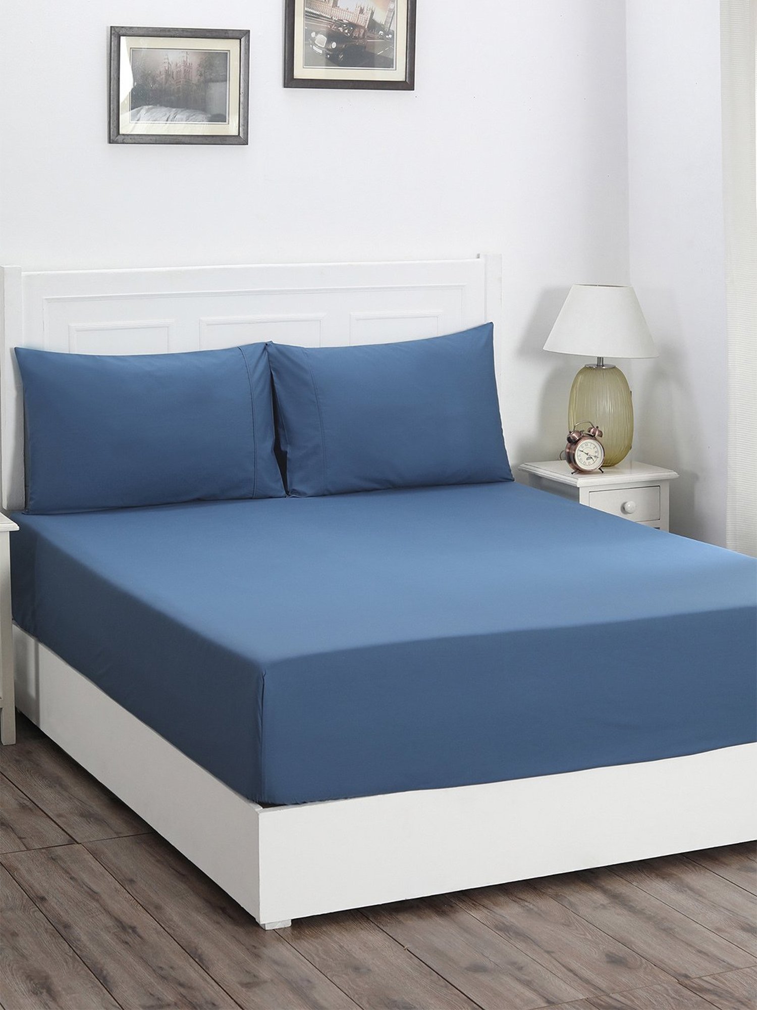 Maspar Colorart Slumber Blue 200 TC Cotton Queen Size Bed Sheet with 2 Pillow Cover