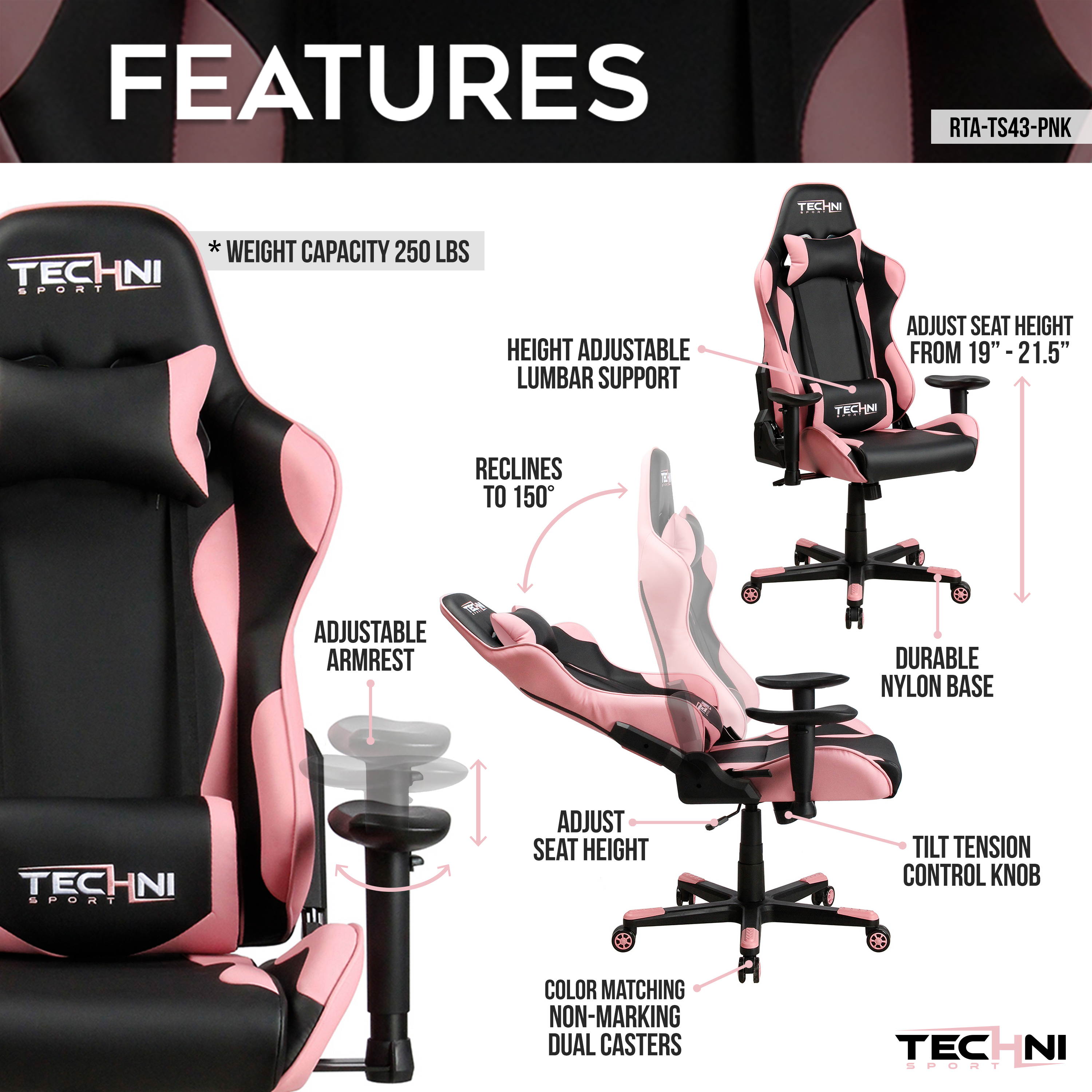 Techni Sport TS43 High Back Racing Chair with Padded Arms, PC Gaming Chair with Height and Tilt Adjustment, Pink
