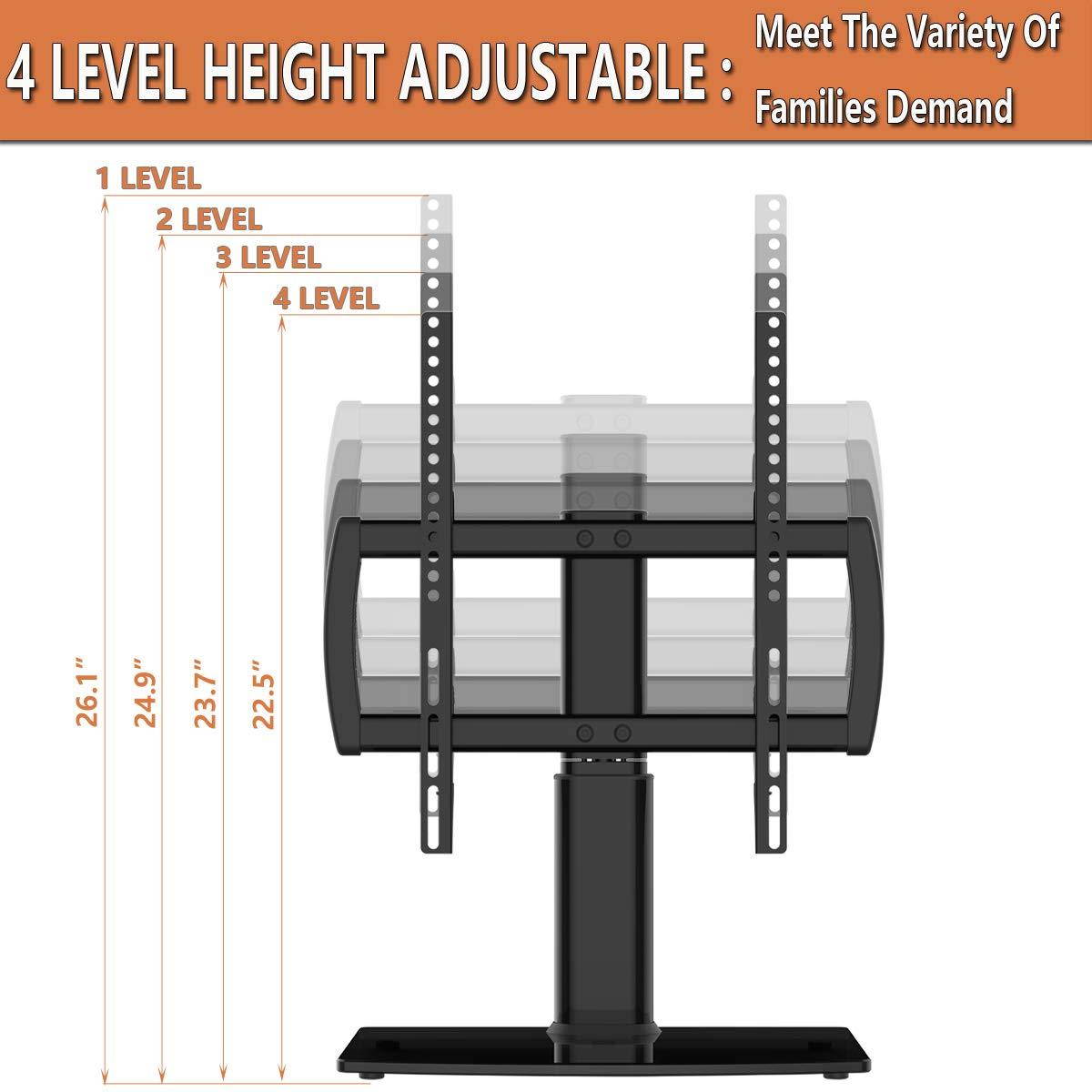 Universal Swivel TV Stand/Base Table Top TV Stand 27 to 55 inch TVs 80 Degree Swivel, 4 Level Height Adjustable, Heavy Duty Tempered Glass Base, Holds up to 99lbs Screens, HT04B-001
