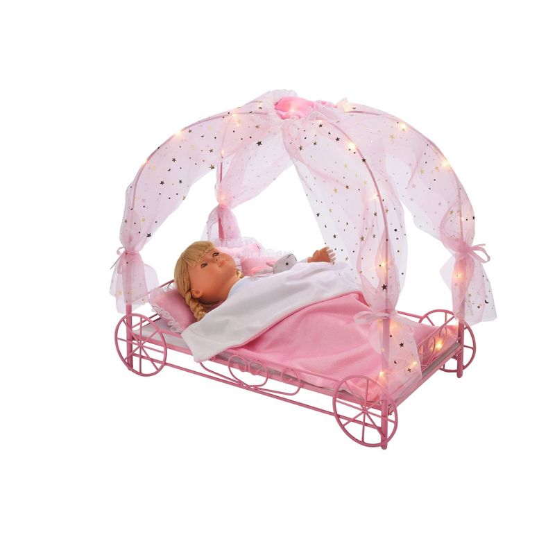 Badger Basket Royal Carriage Metal Doll Bed with Canopy Bedding and LED Lights - Pink/White/Stars