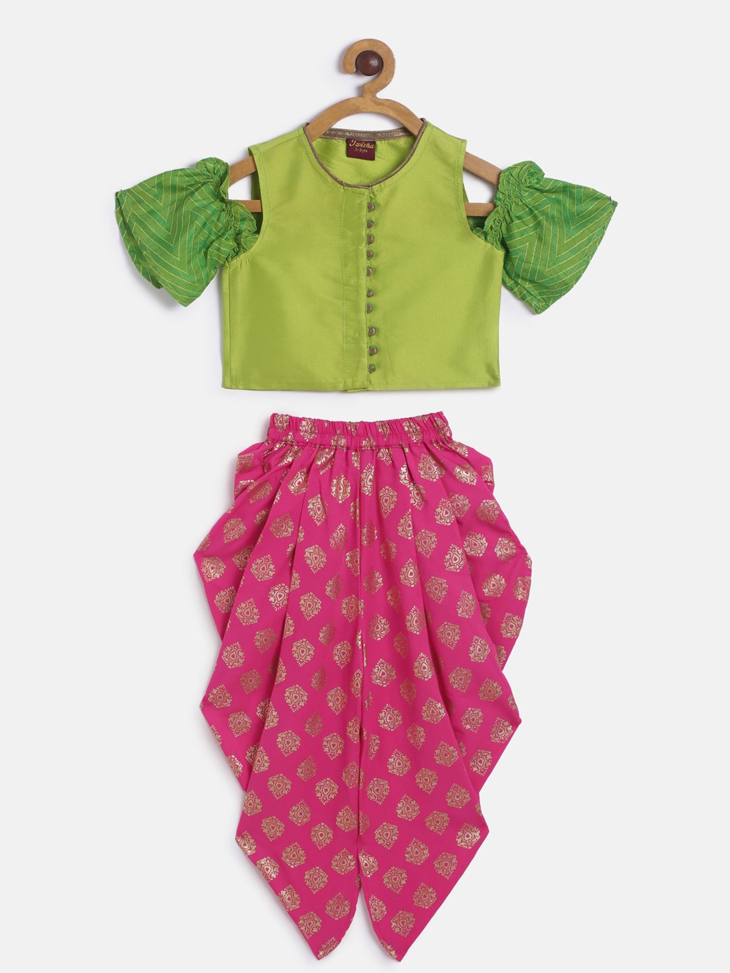 TWISHA Kids Green & Pink Printed Top with Dhoti