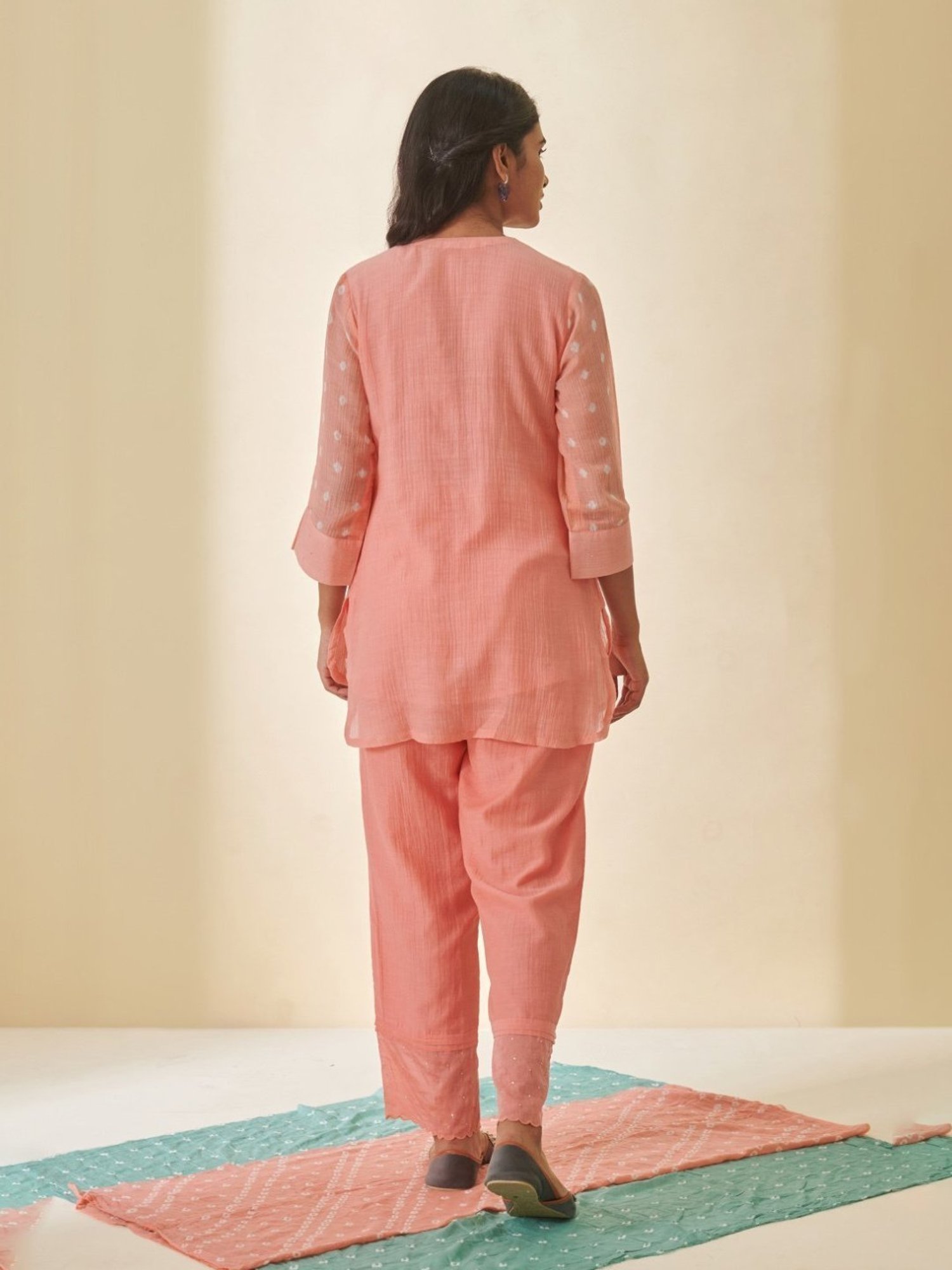 Prakriti Jaipur Peach Bandhej Bandhani V-neck Shirt