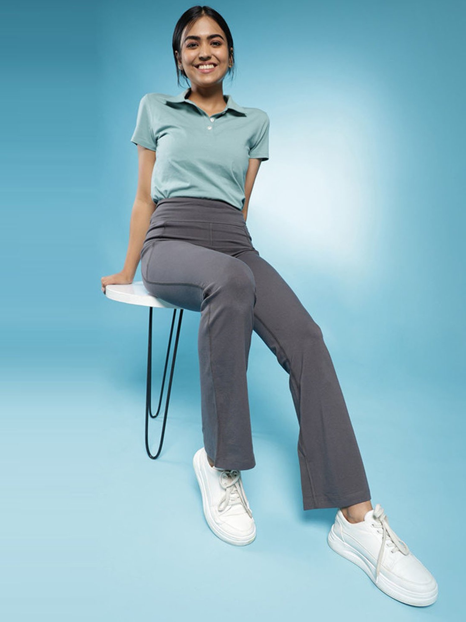 BlissClub Grey Groove-In Cotton Flare Pants - Regular