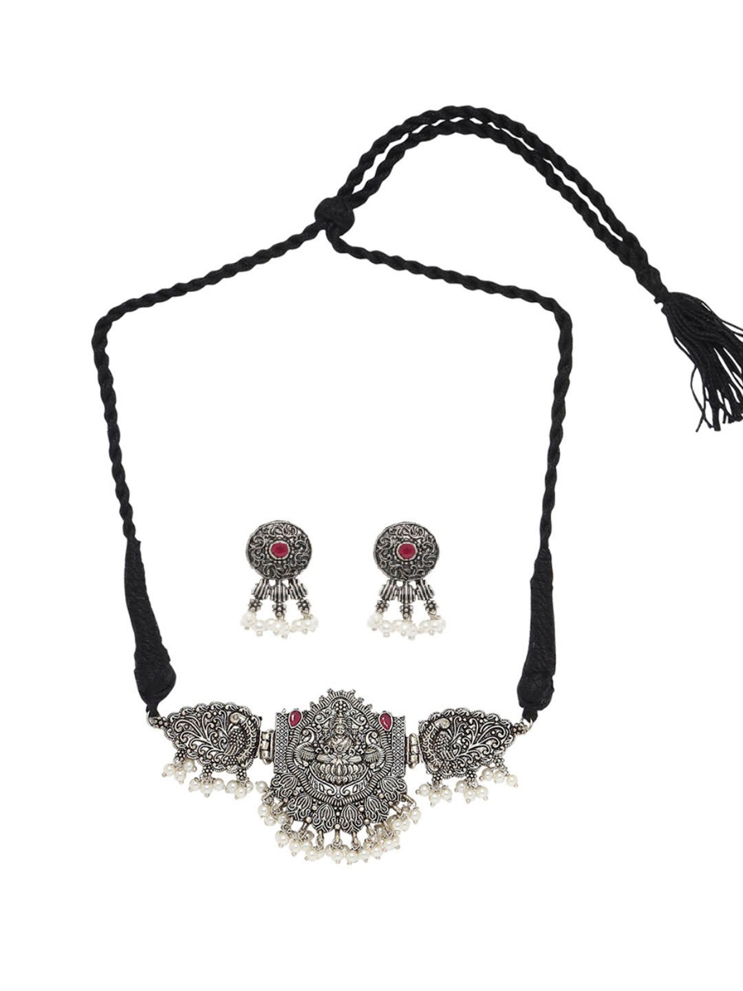 OOMPH Oxidized Silver Look Alike Maroon Stone StoneChoker Necklace Set with Drop Earrings