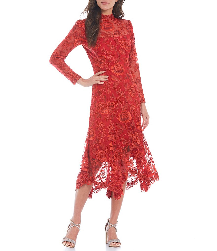 Tadashi Shoji Long Sleeve Mock Neck Handkerchief Hem Lace Dress