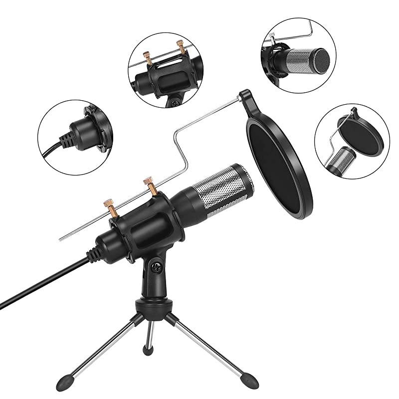 Studio Recording MicrophoneUSB Condenser Podcast MicrophonePlug and Play Desktop Gaming Streaming Microphone with Pop Filter for PcSkypeSingYouTube